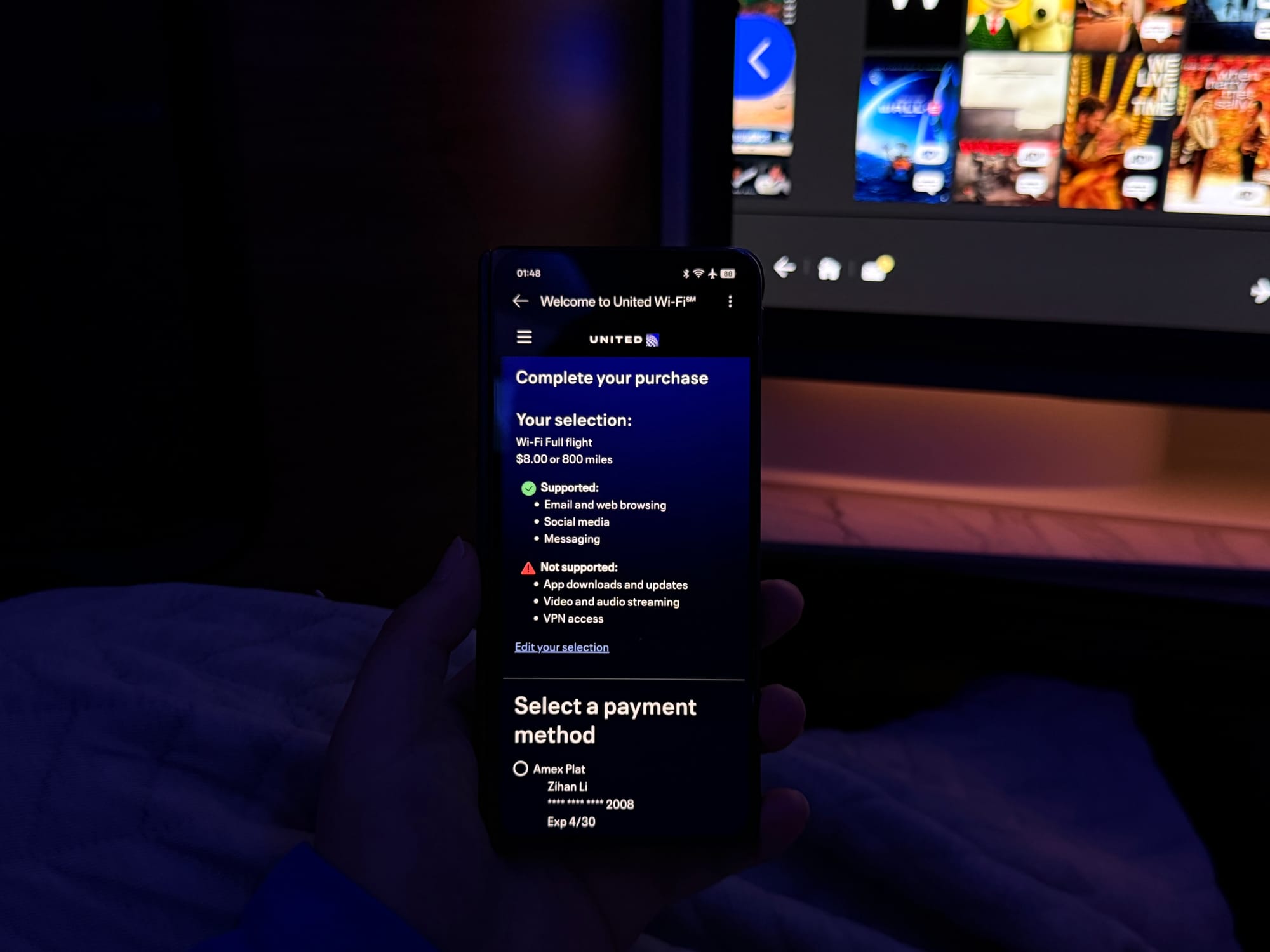Wi-Fi purchase screen while Starlink awaits activation on United 787-9