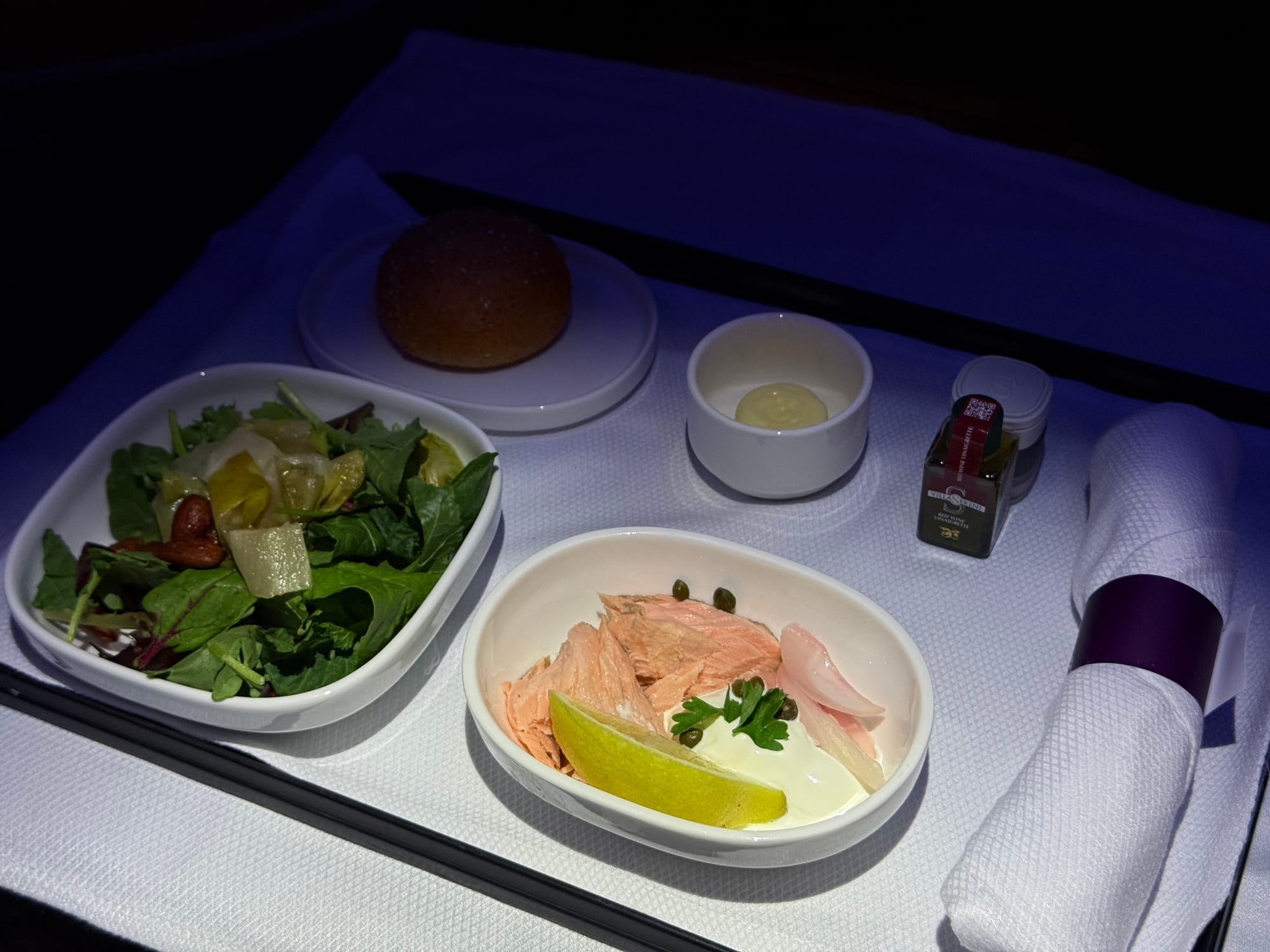 Polaris appetizer course with salad and prawns on UA1