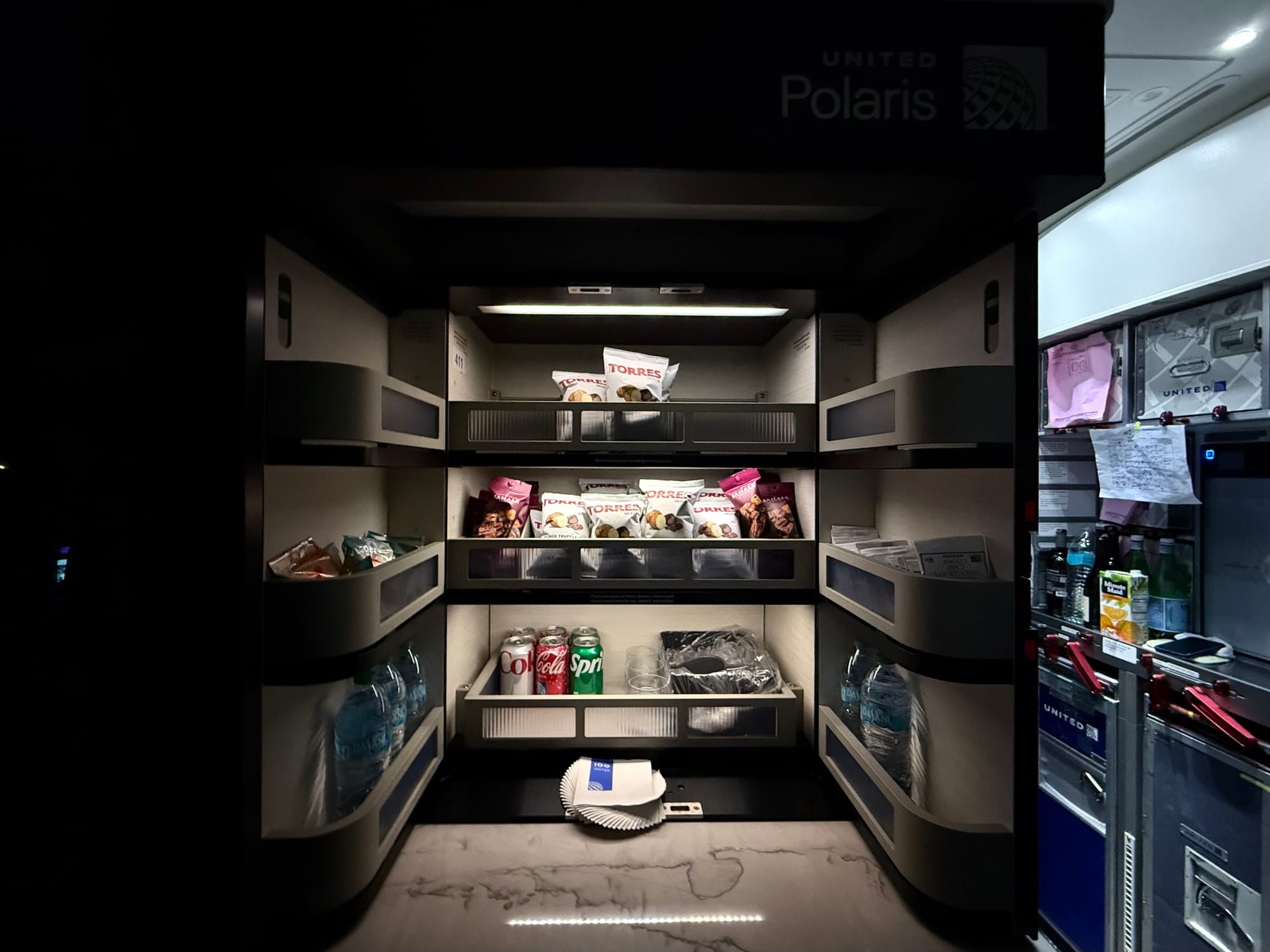 Self-serve galley snack bar on United 787-9 Polaris