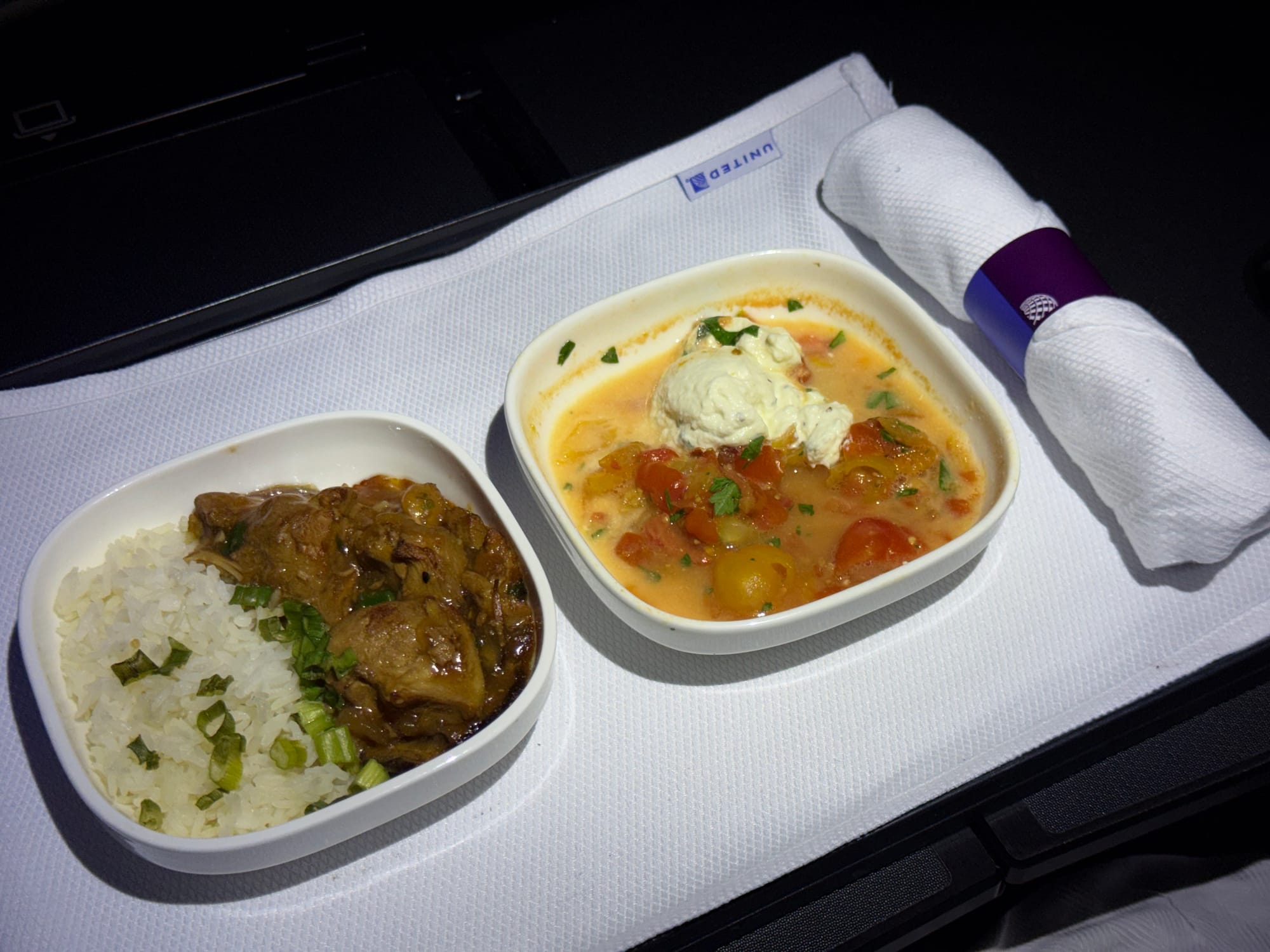 Mid-flight curry with rice in United Polaris on UA1