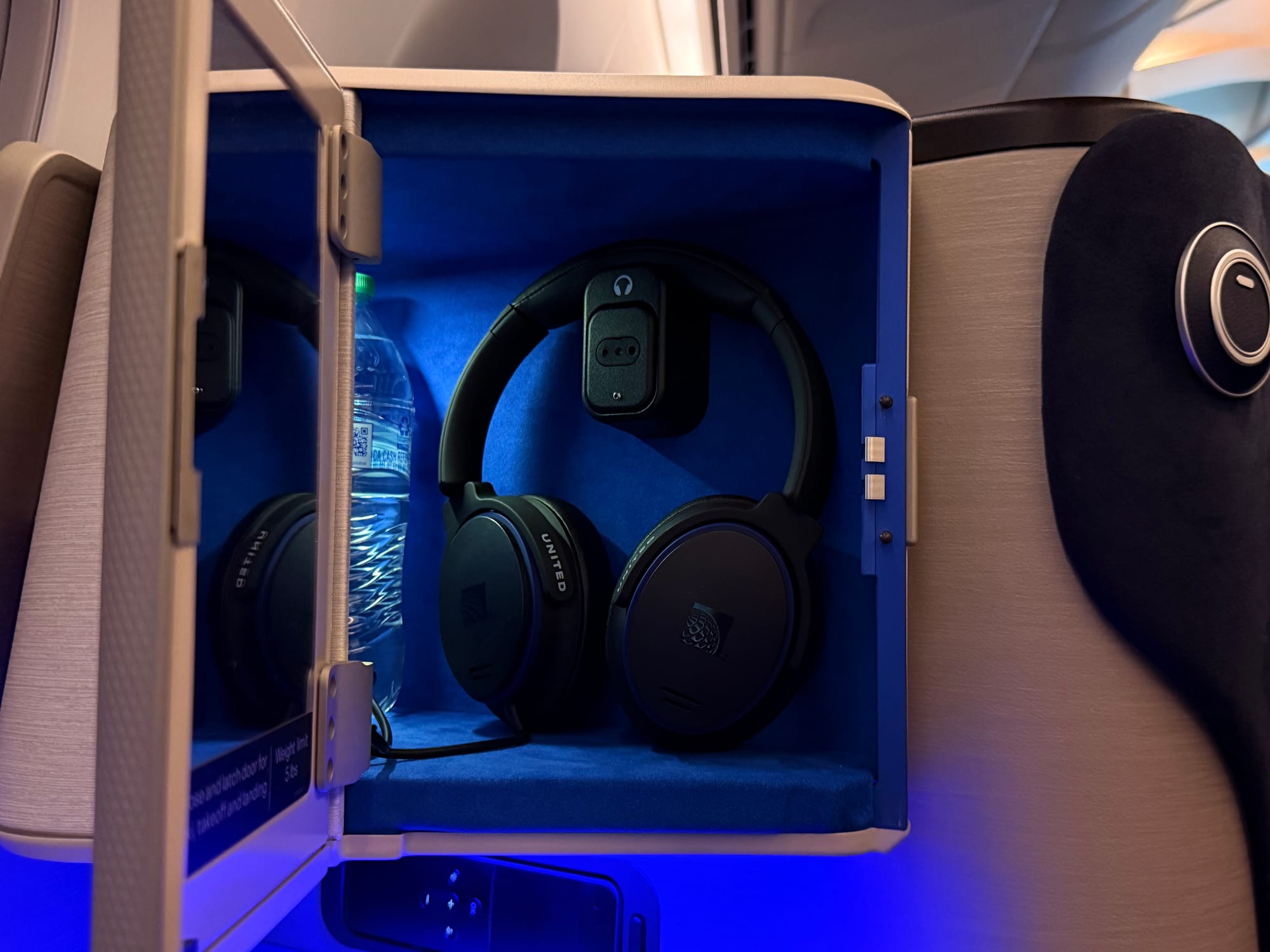 Headphone stowage nook in United Polaris 2.0 suite