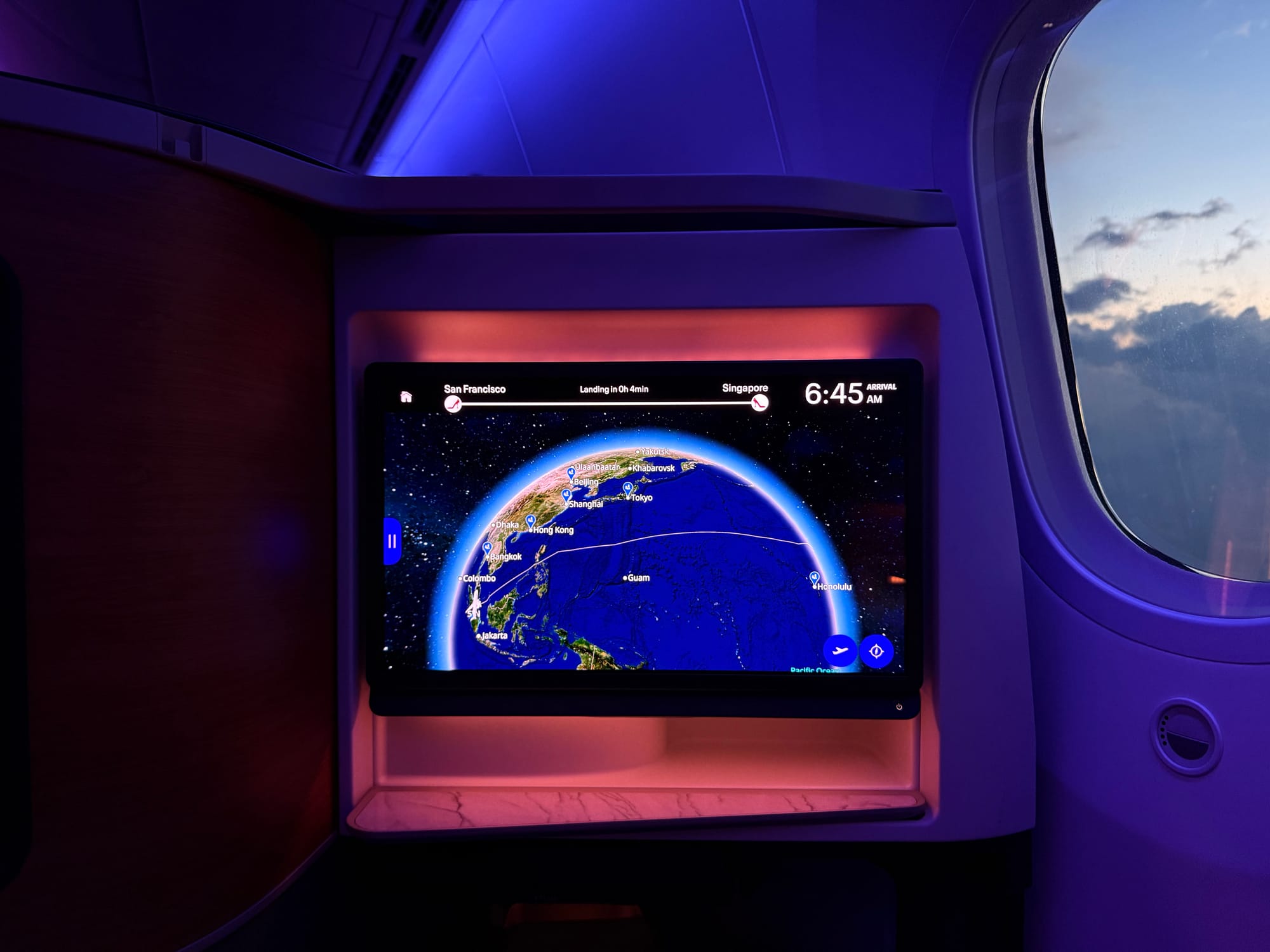 United 787-9 seatback moving map nearing Singapore