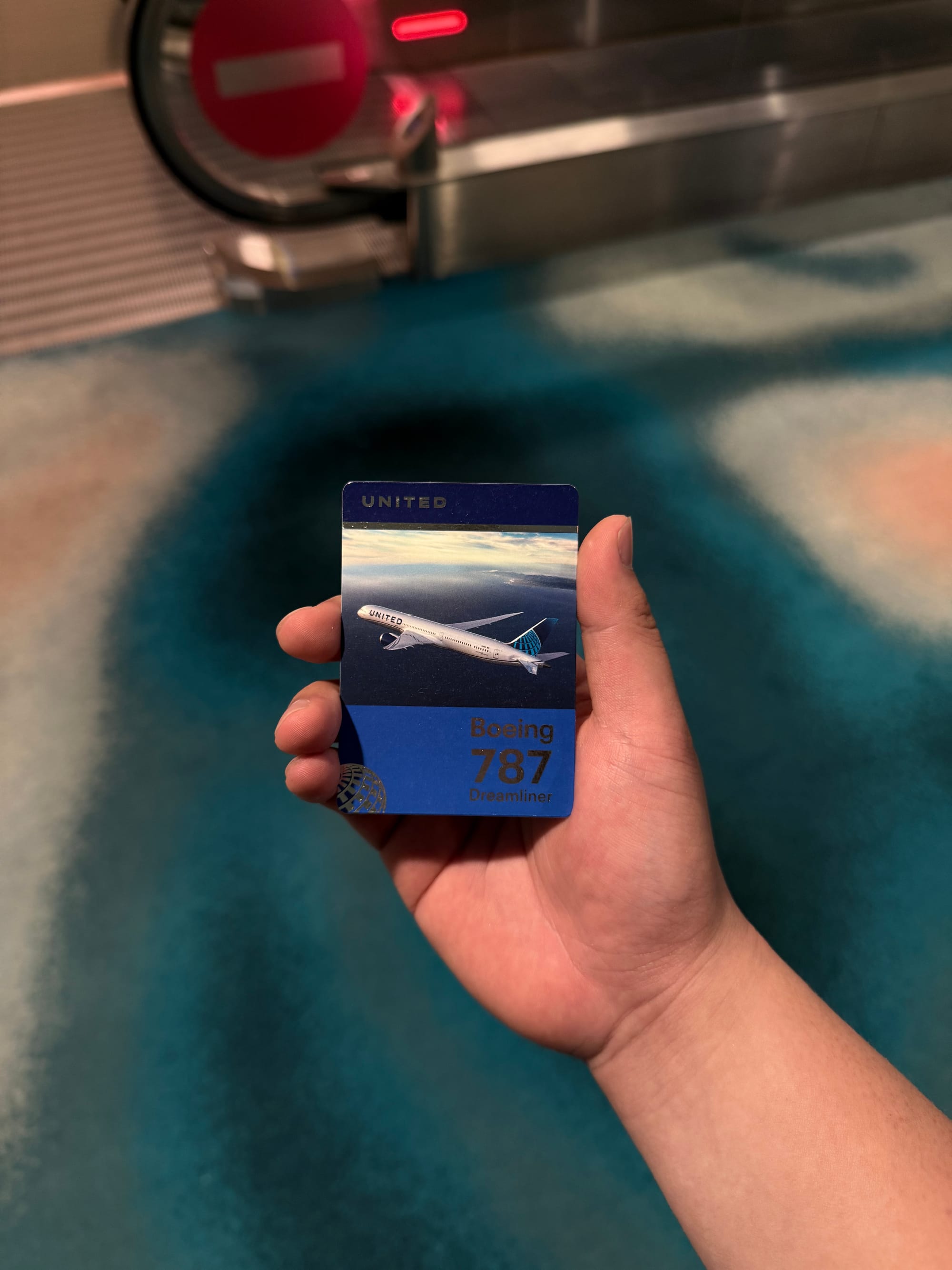 United 787 collector trading card handed out by the crew on UA1
