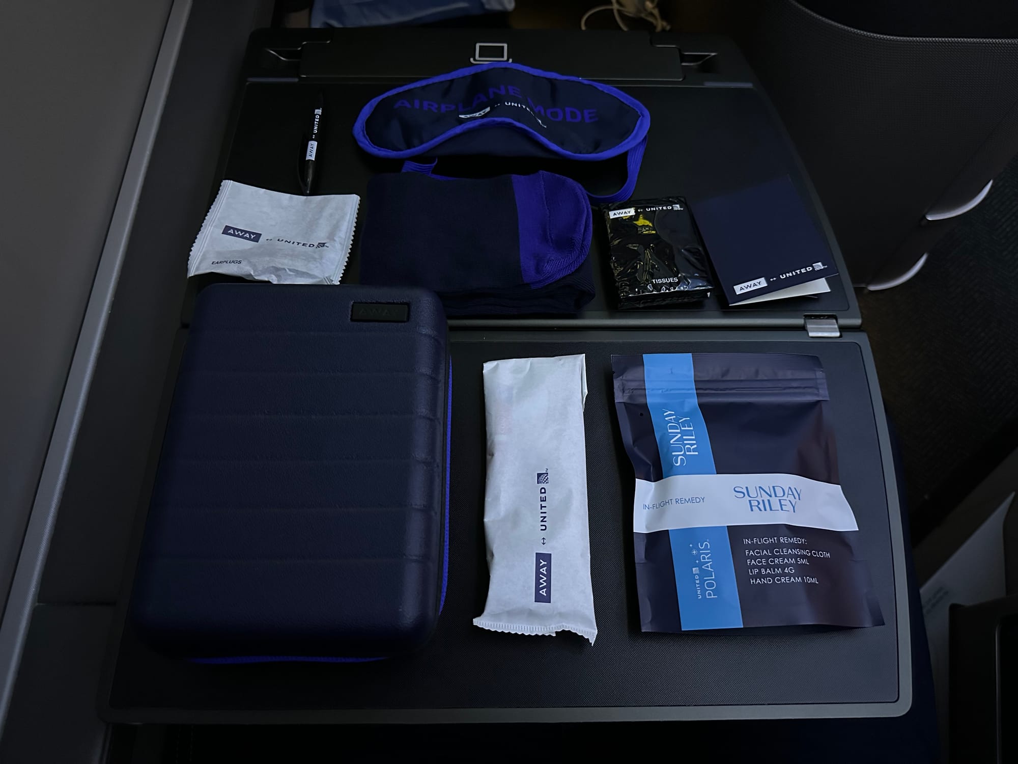 United Polaris amenity kit with Sunday Riley products, 2023