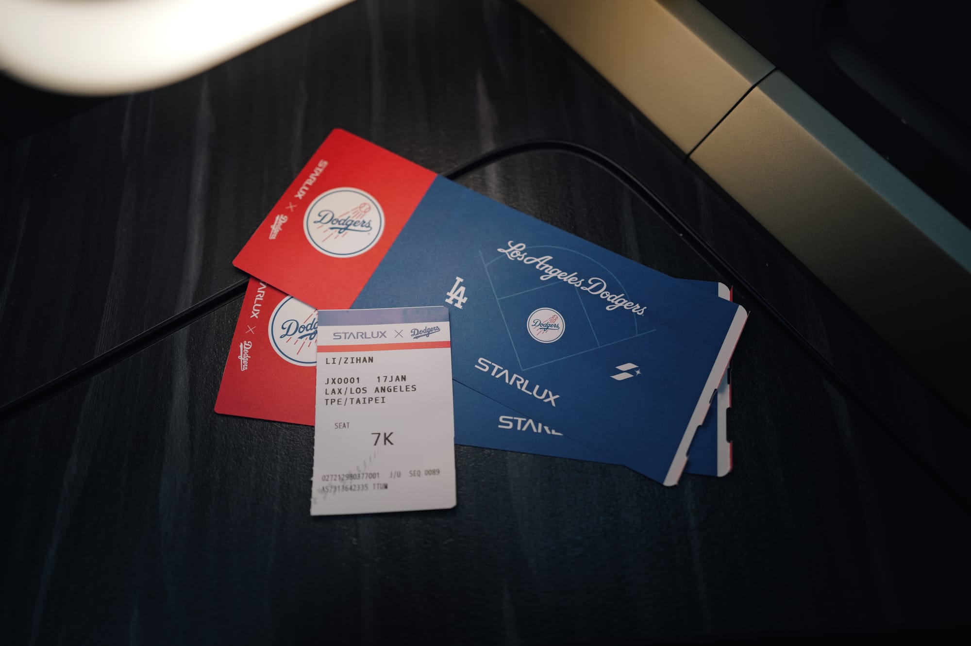 STARLUX business class menu on the tray table, flight JX1 LAX to Taipei