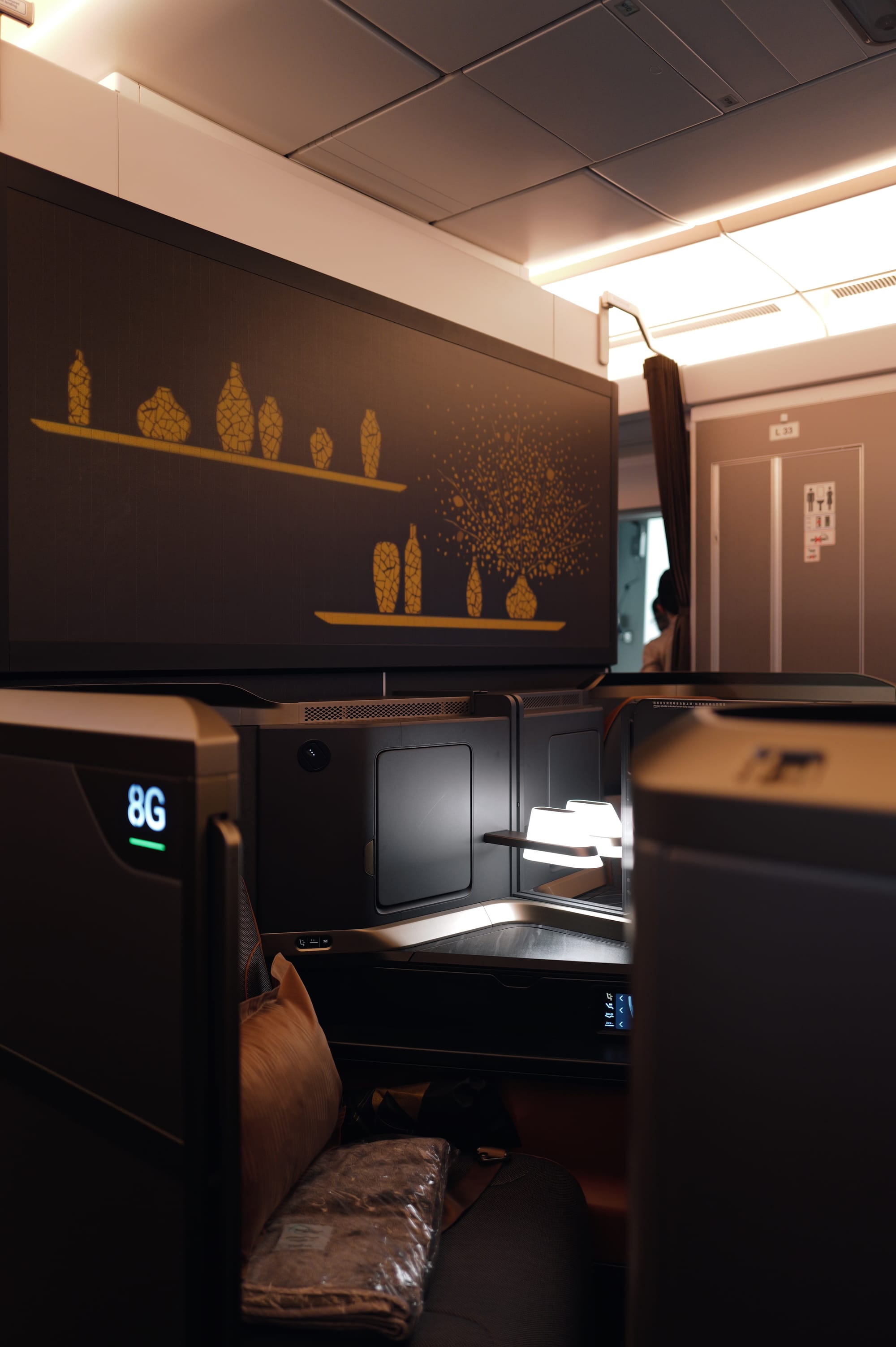 Blossom-jar motif on the STARLUX A350 business class cabin divider