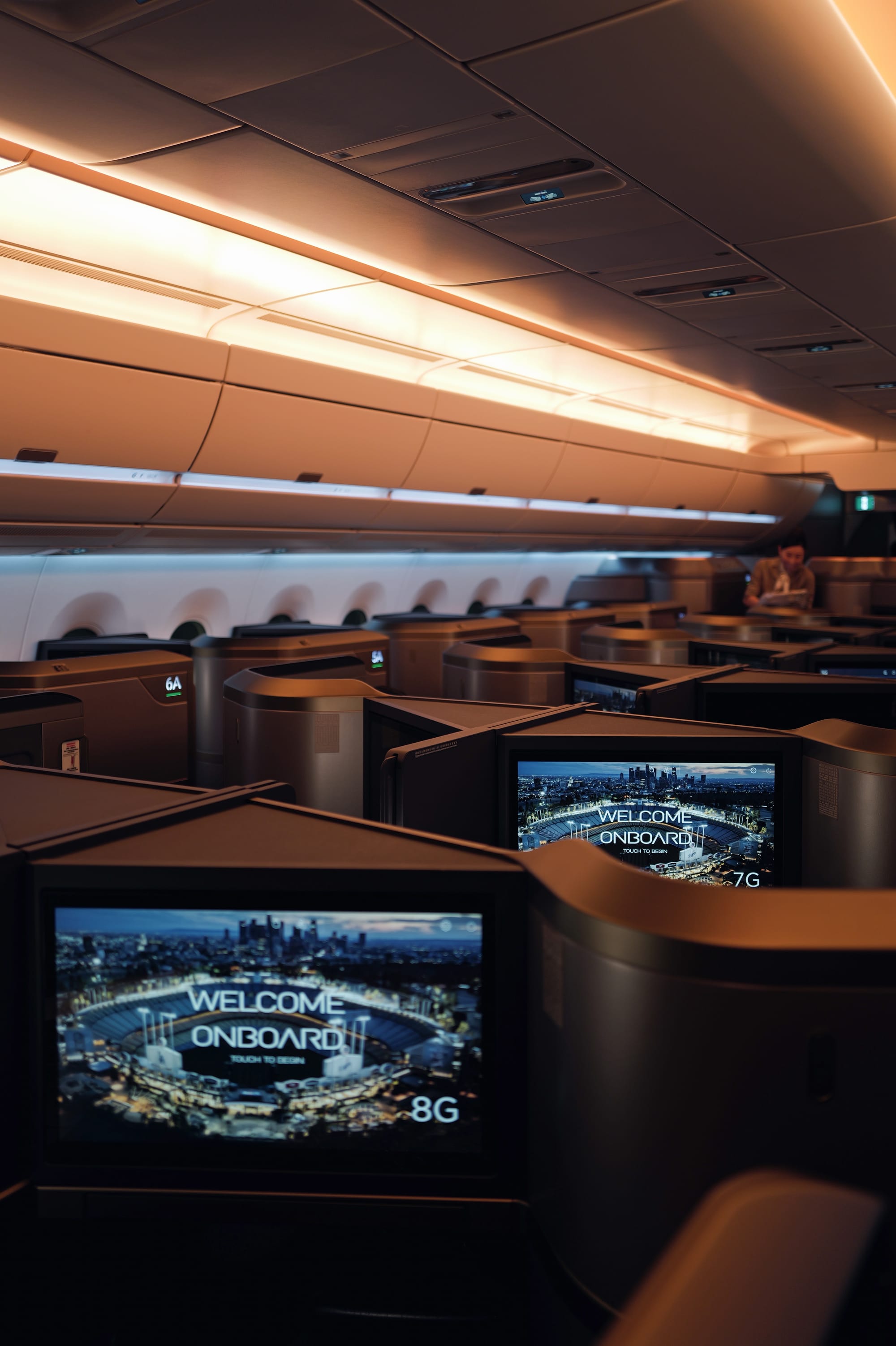 STARLUX A350 business class welcome screen with a Dodgers theme on the LAX to Taipei route