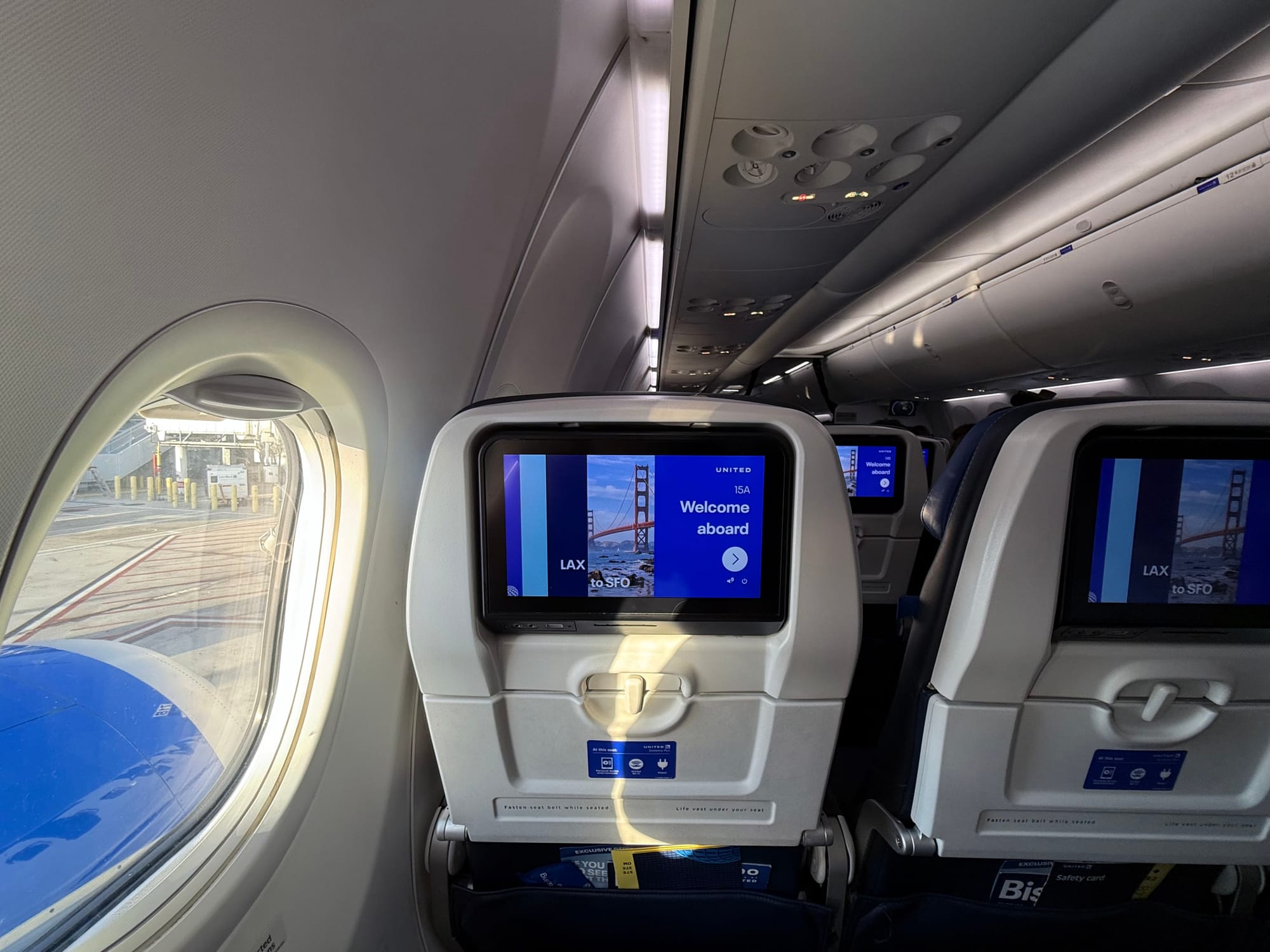Economy seatback on the positioning flight to San Francisco