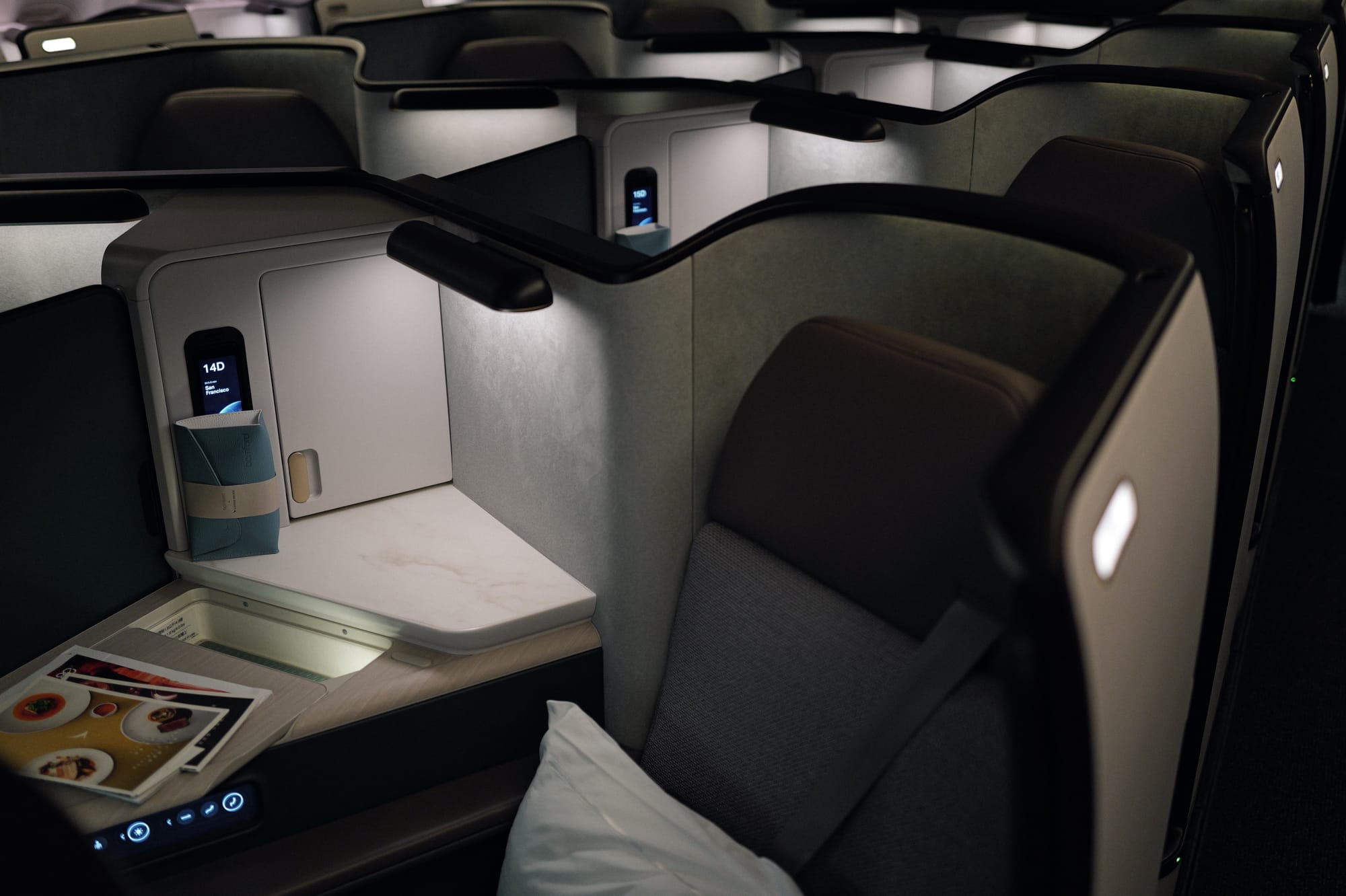 Cathay Pacific Aria Suite business class seat at boarding