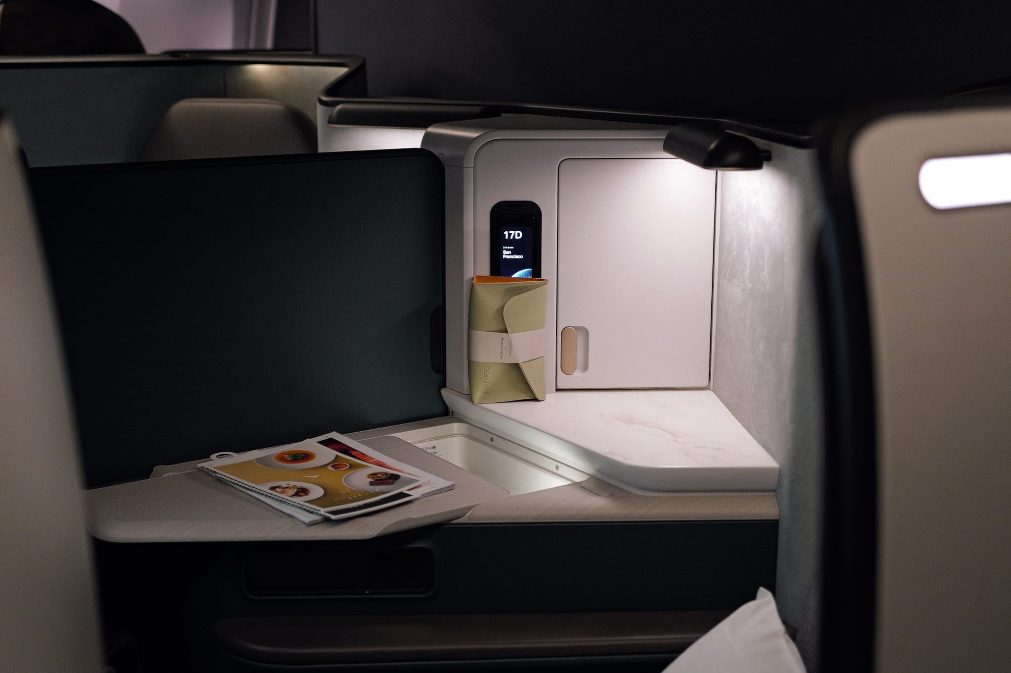 Aria Suite 17D with privacy door open on the 777-300ER
