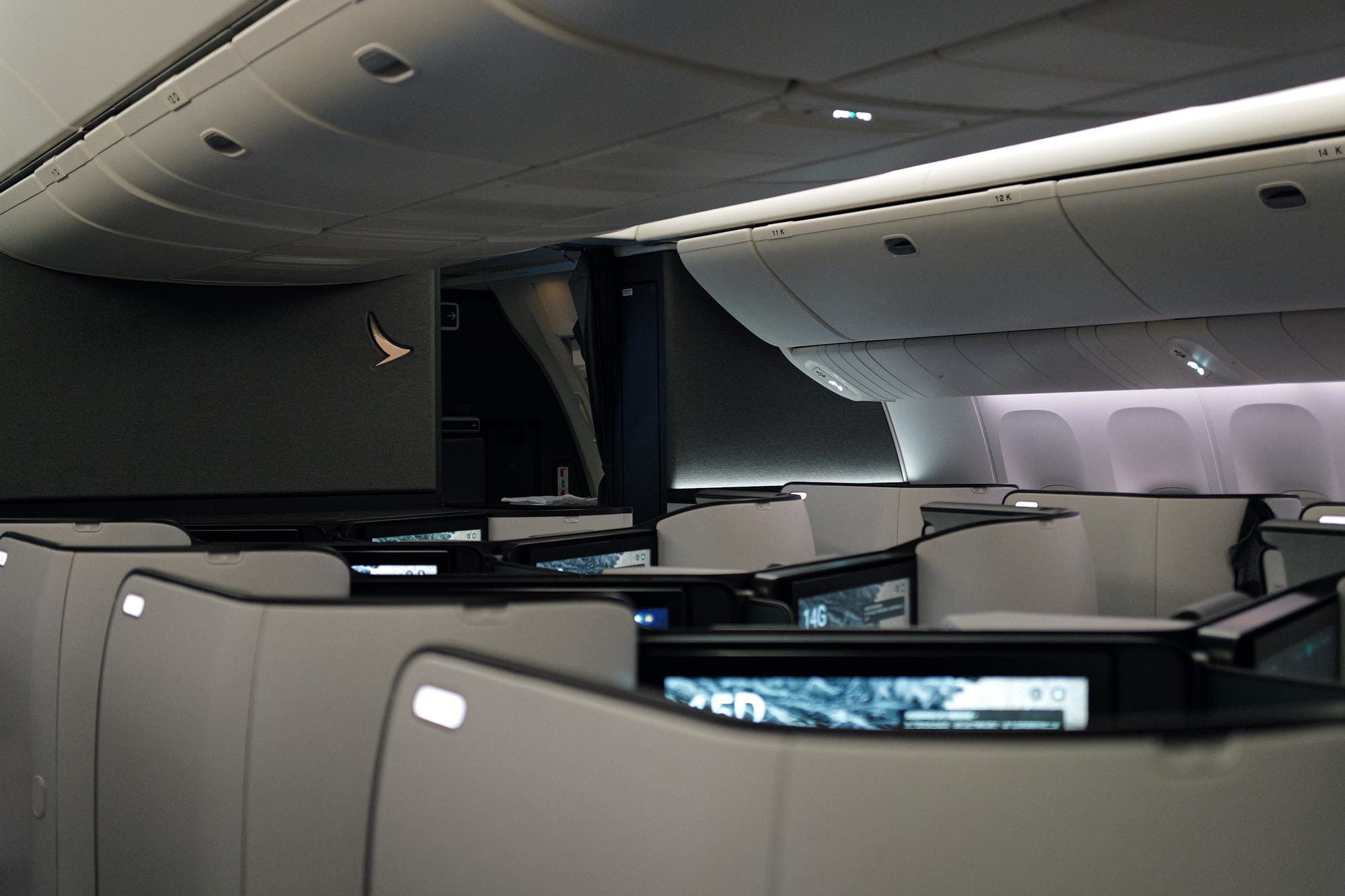 Cathay Pacific Aria Suite cabin dimmed at boarding on the 777-300ER