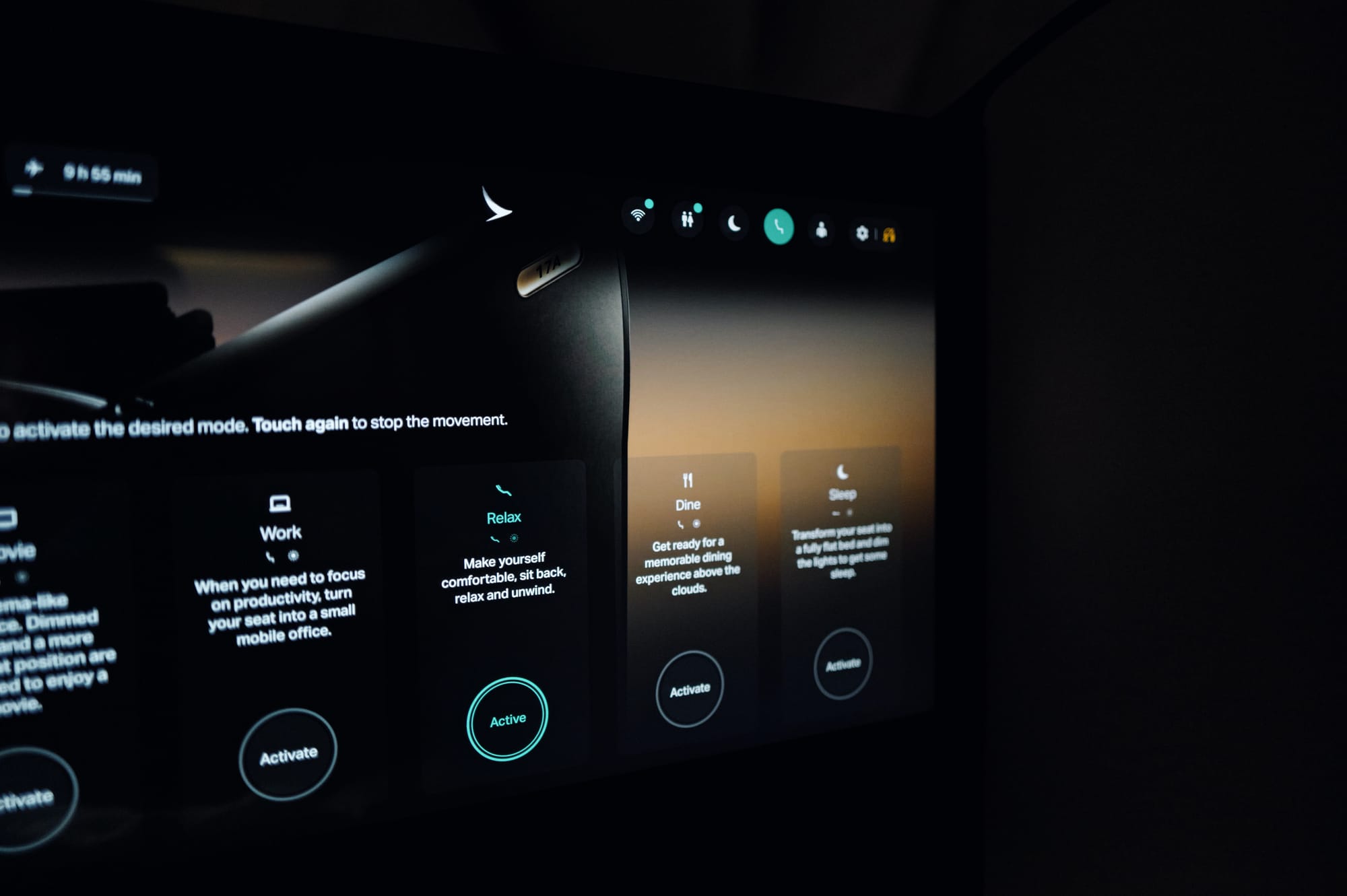 Aria Suite seat mode controls on the main touchscreen