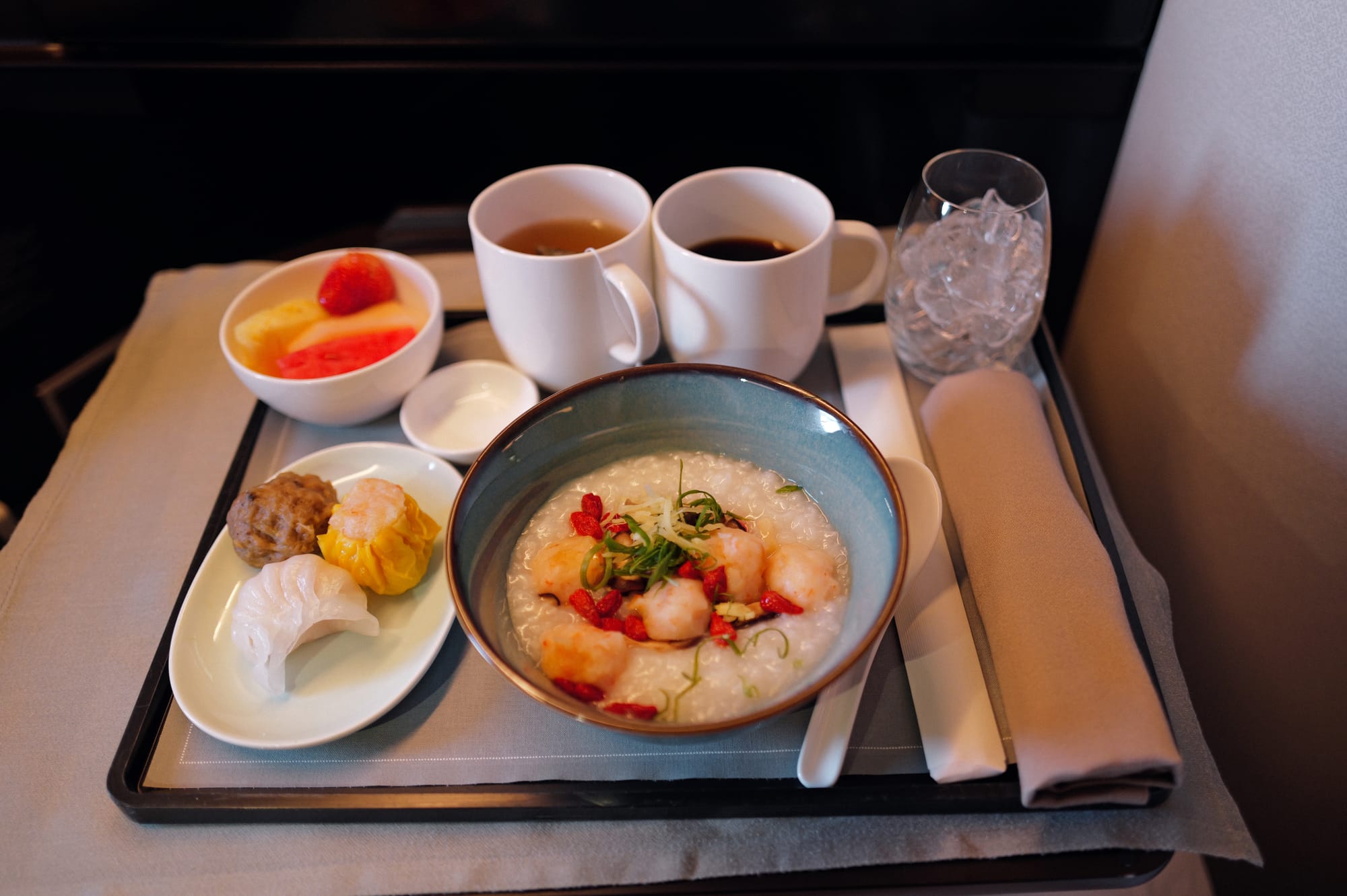 Shrimp congee and dim sum breakfast in Cathay Pacific business class