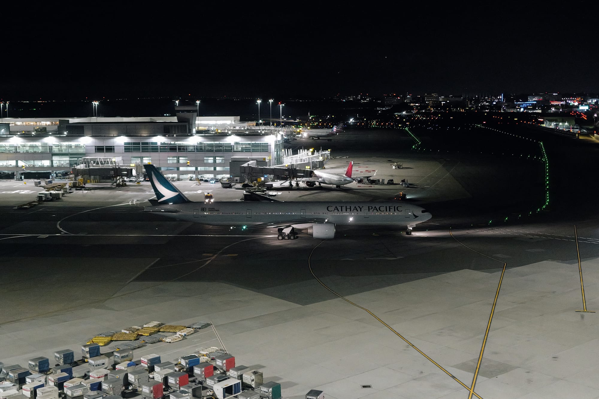 Cathay Pacific 777-300ER at the gate at SFO seen from the Grand Hyatt