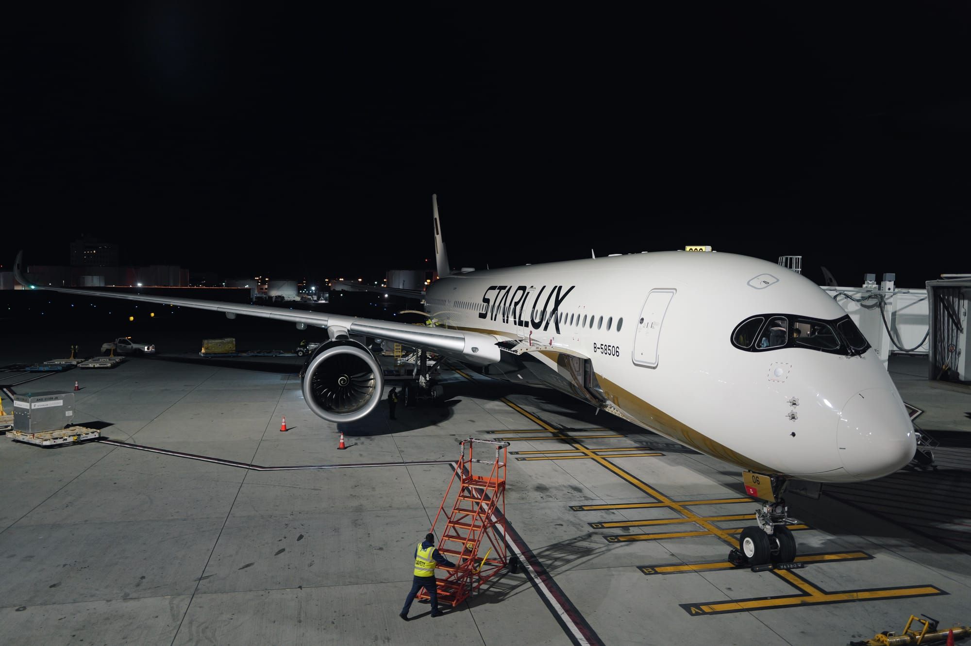 STARLUX A350-900 (B-58506) at the gate at LAX before flight JX1 to Taipei