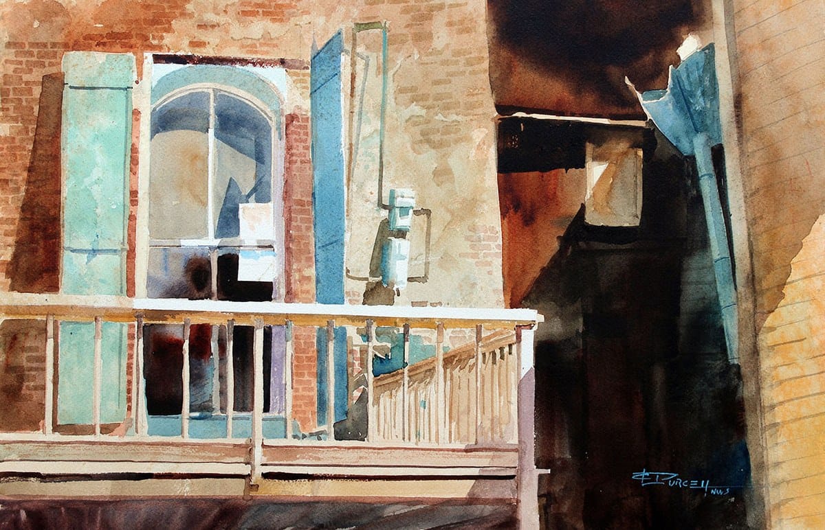 Carl Purcell — “Balcony With a View”, Transparent Watercolor