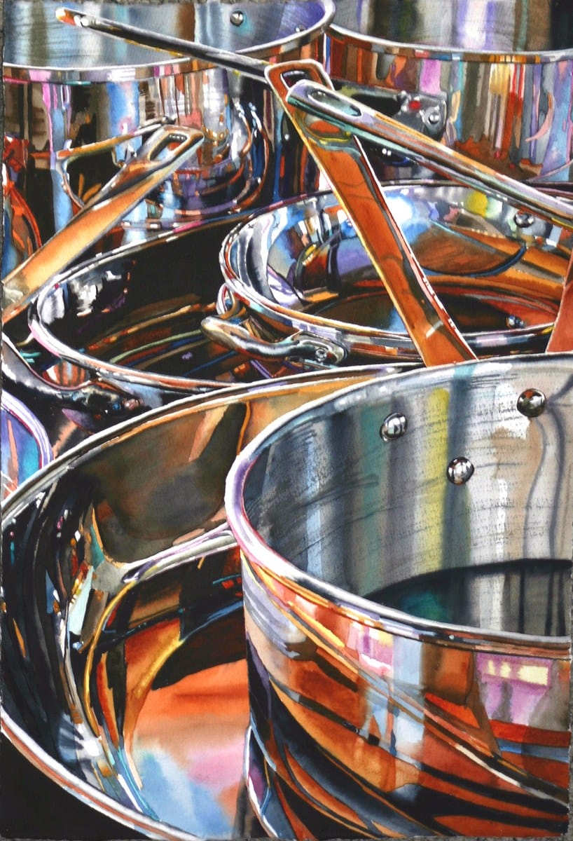 Peggy Zalucha — “Copper Pots Reflected #8”, Transparent Watercolor