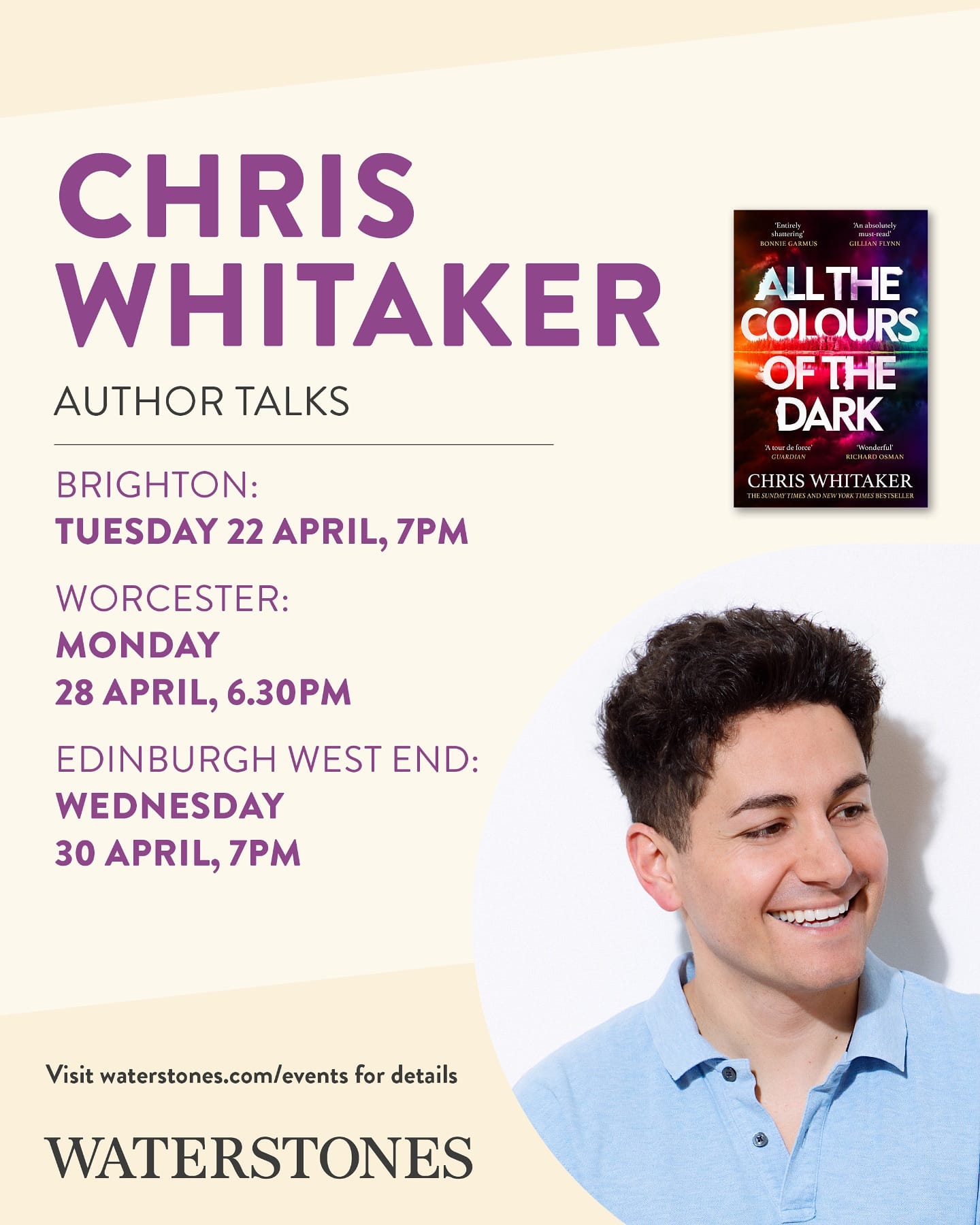 A promo image for Chris Whitaker's April events, including Edinburgh West End, 30th April, 7pm