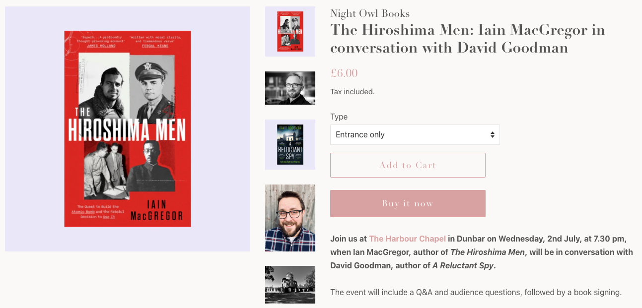 An event image for Hiroshima Men, featuring the cover of the book and event details (see text and link above)