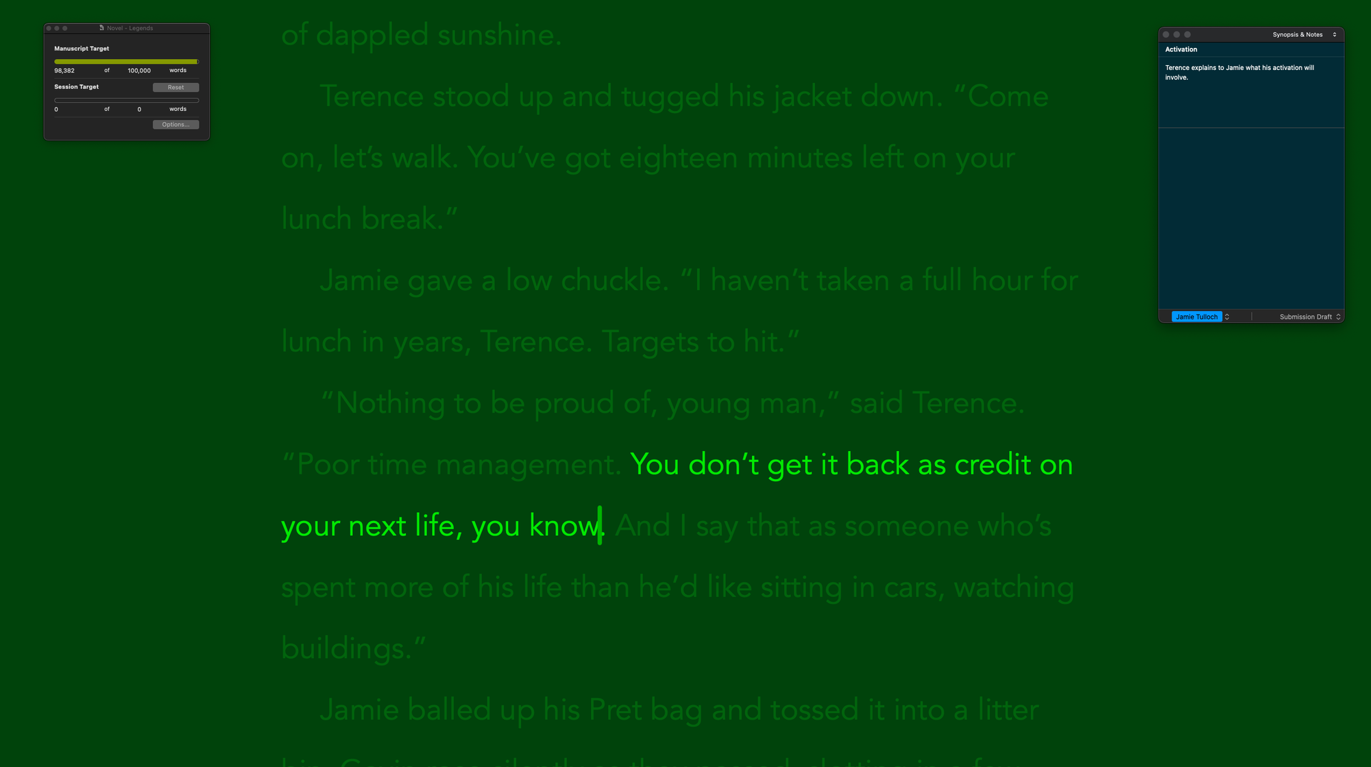 A page of text from 'A Reluctant Spy', light green text on a dark green background