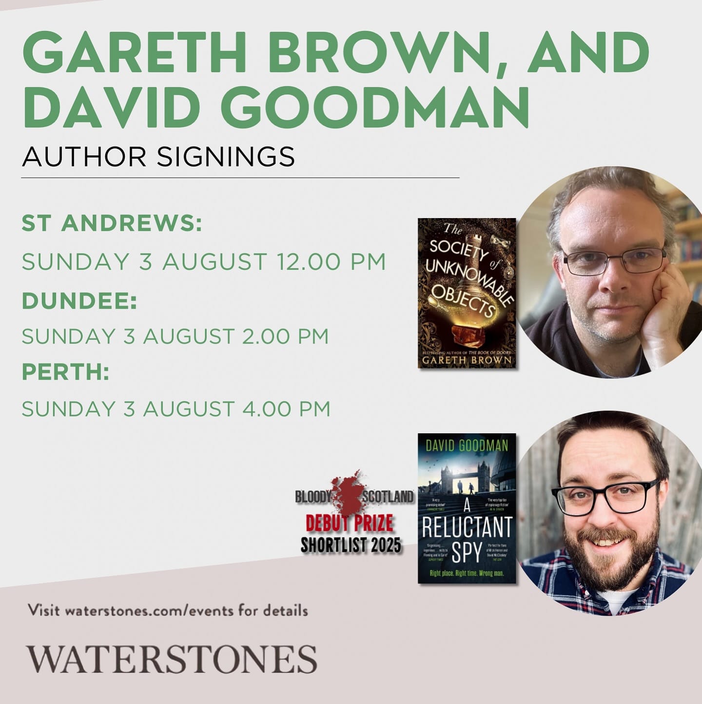 A promo image for my signing tour with Gareth Brown, showing visits to Waterstones in St Andrews, Dundee and Perth at 1200, 1400 and 1600 respectively on Sunday 3rd August