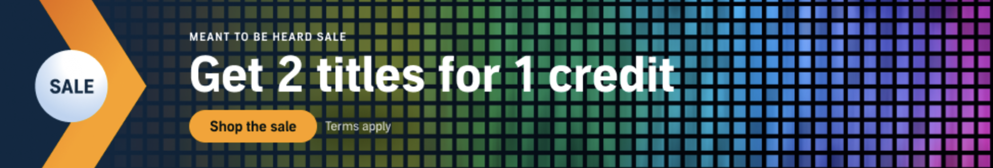 A promo banner for the Audible '2 titles for 1 credit' sale