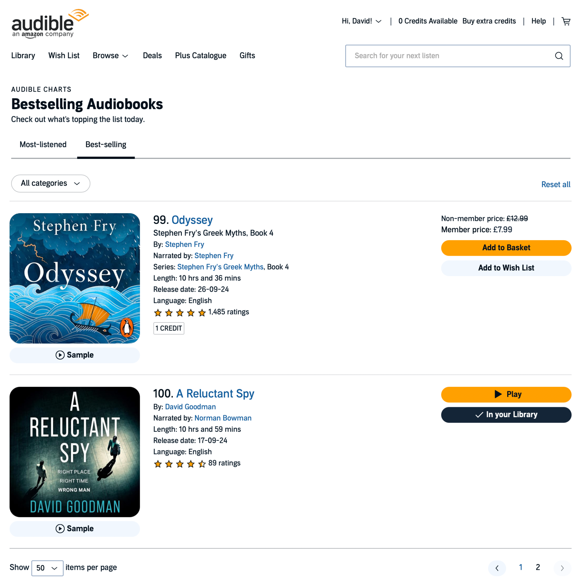 A picture of my book at #100 in the UK Audible Chart