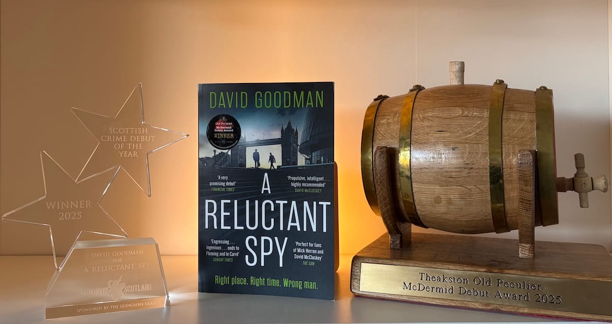 My novel with the Bloody Scotland Debut Prize on one side and the McDermid Debut Award on the other