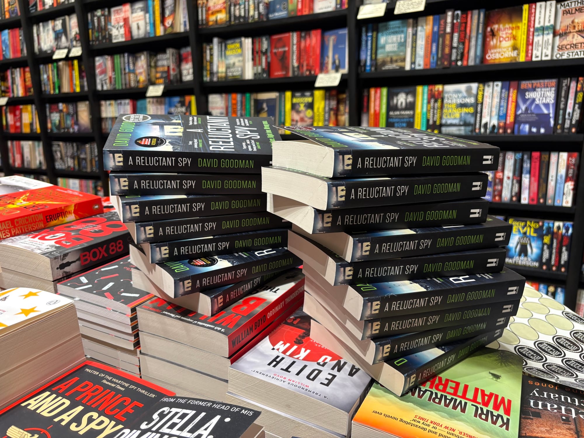 Two stacks of my book on a Piccadilly table