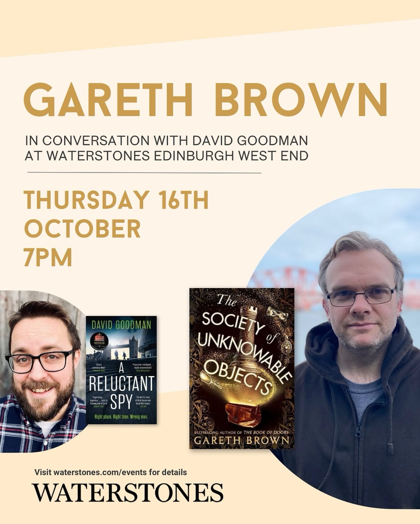 A promo image for an event with Gareth Brown on the 16th of October at Waterstones West End, Edinburgh