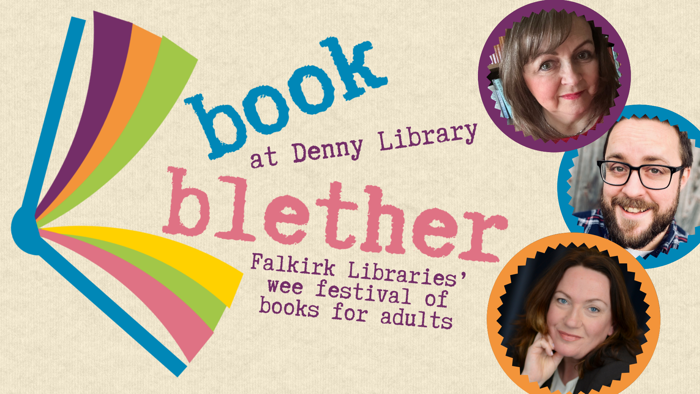 A promo image for the Book Blether featuring photos of myself, Marion Todd and Kate Foster
