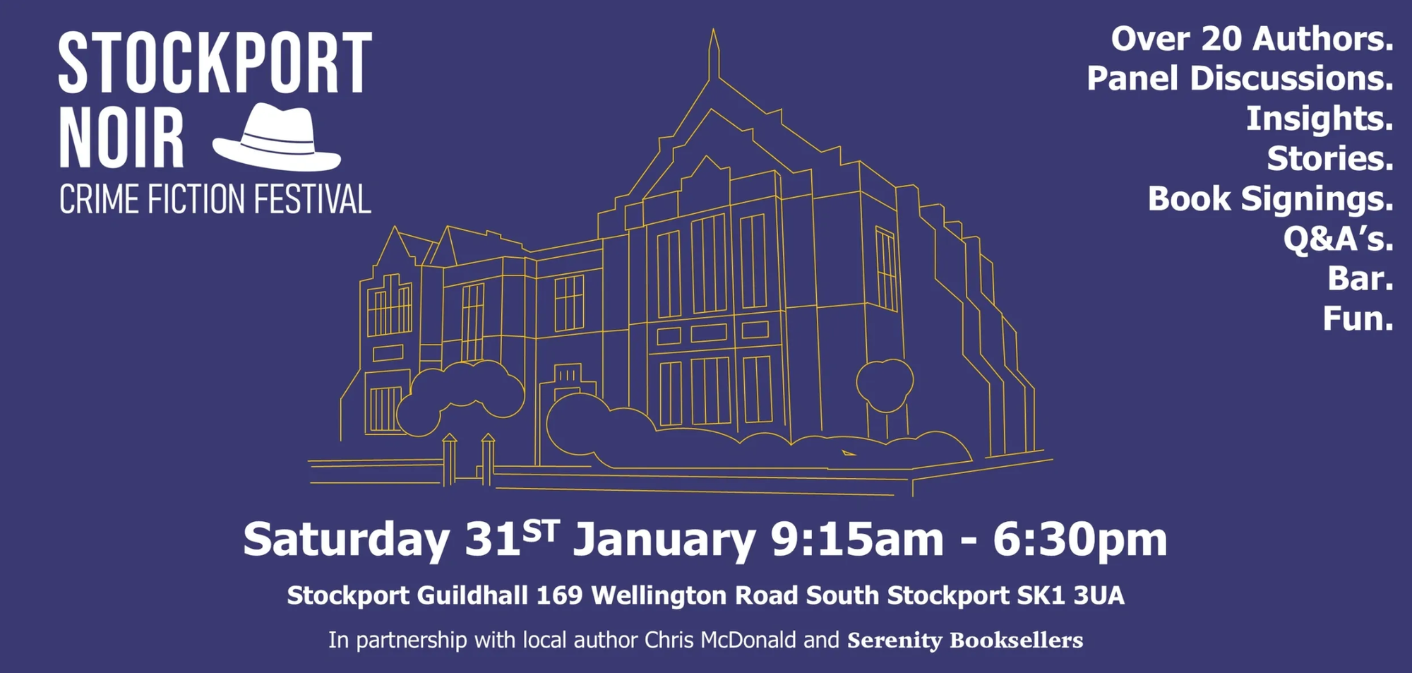 A promo image for Stockport Noir, featuring the date and time (Sat 31st Jan, 0915 onwards)