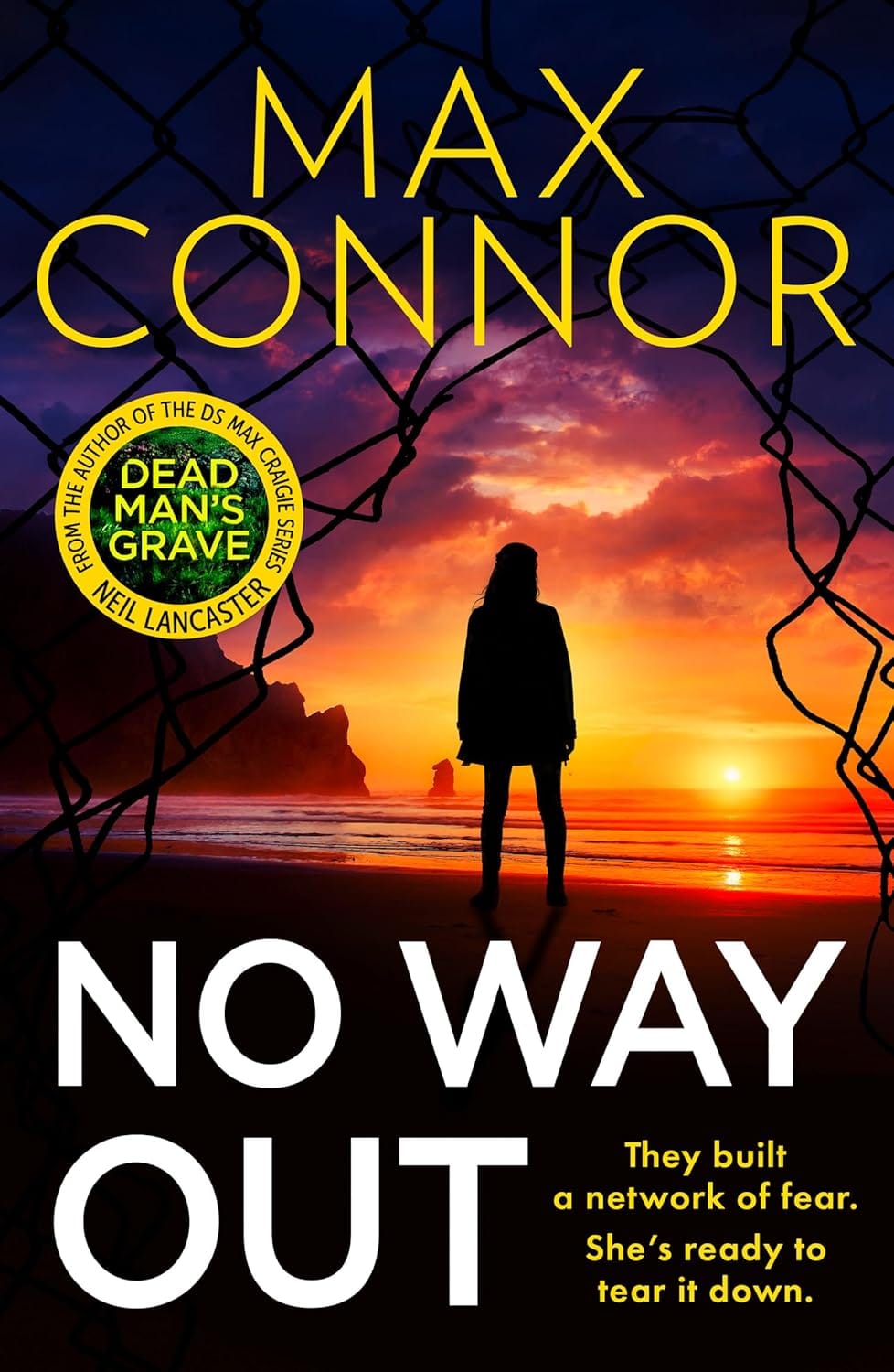 The cover for No Way Out by Max Connor, featuring a woman's silhouette standing on a beach at sunset
