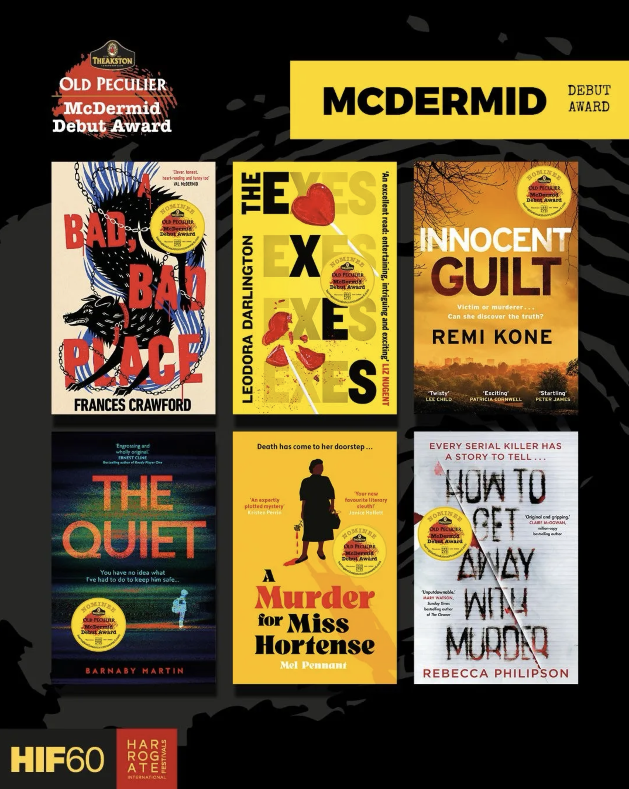 McDermid shortlist, including Frances Crawford, Leodora Darlington, Remi Kone, Barnaby Martin, Mel Pennant and Rebecca Philipson