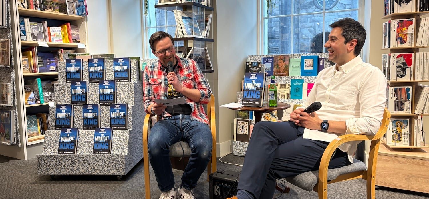 Authors Marco Rinaldi and Tariq Ashkanani in conversation at the launch for THE MIDNIGHT KING