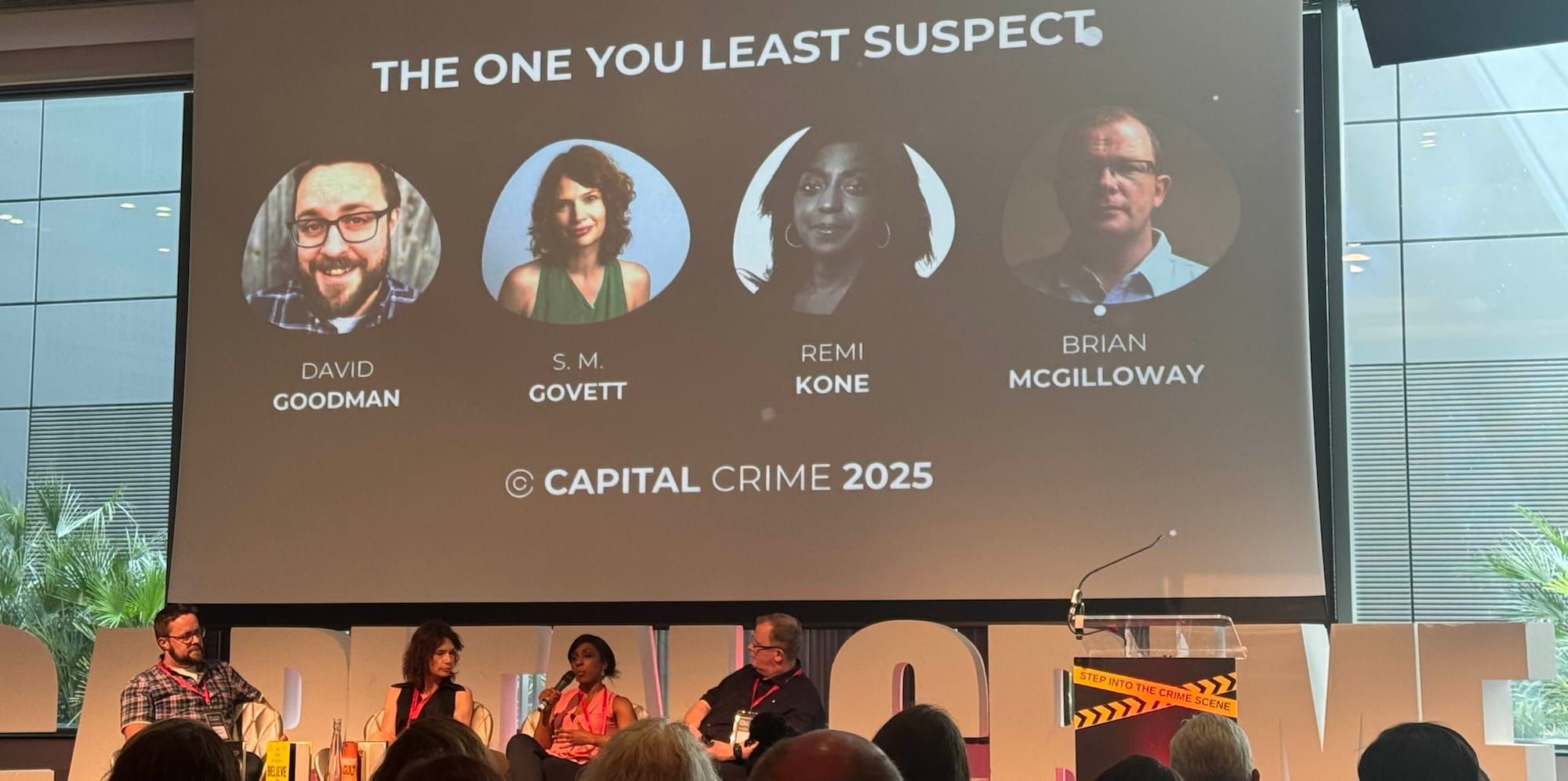 Me on stage at Capital Crime with Sarah Govett, Remi Kone and Brian McGilloway