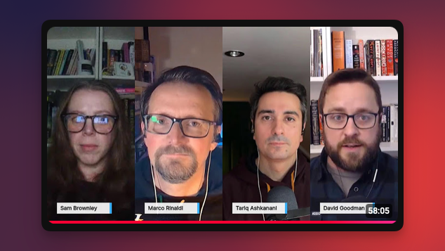 An image of the UK Crime Book Club Youtube stream with myself, Tariq Ashkanani, Marco Rinaldi and host Sam Brownley