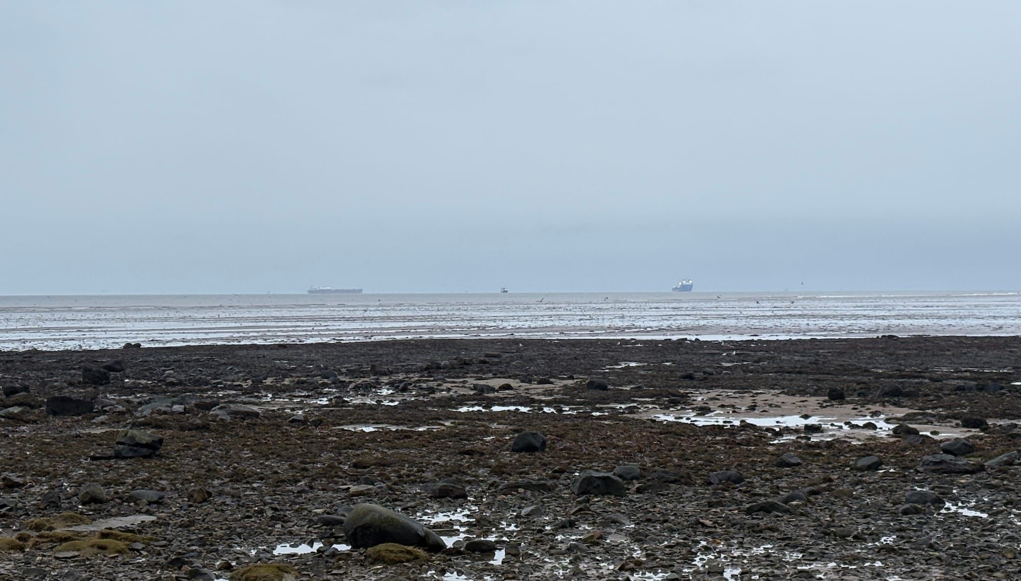 A rocky beach with grey sea in the background and three ships