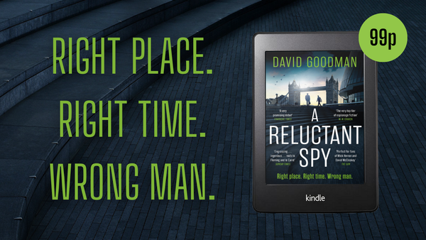 My novel on a dark background with 'right place, right time, wrong man' and a 99p sticker