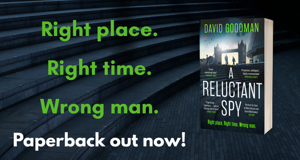A banner image with my book, plus the words 'Right place, right time, wrong man - paperback out now' against a dark background.
