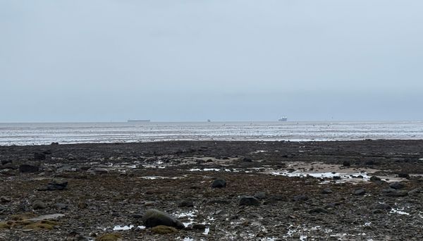 A rocky beach with grey sea in the background and three ships