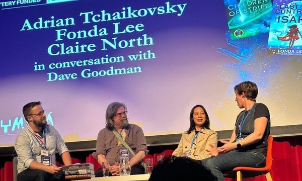 Myself, Adrian Tchaikovsky, Fonda Lee and Claire North on stage at Cymera