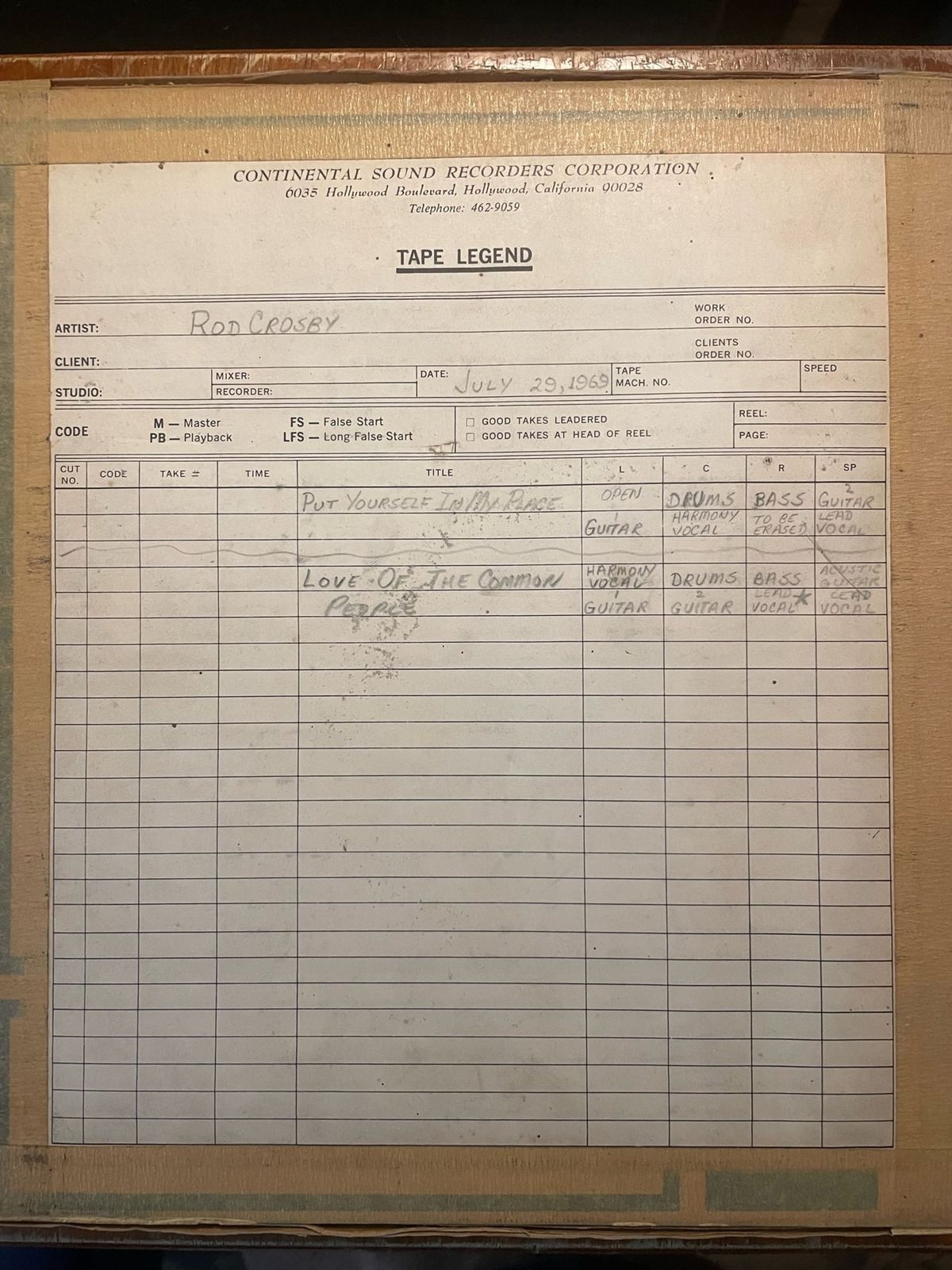 Continental Sound Recorders tape legend from 1969 — the studio that became Boulevard Recording at 6035 Hollywood Blvd