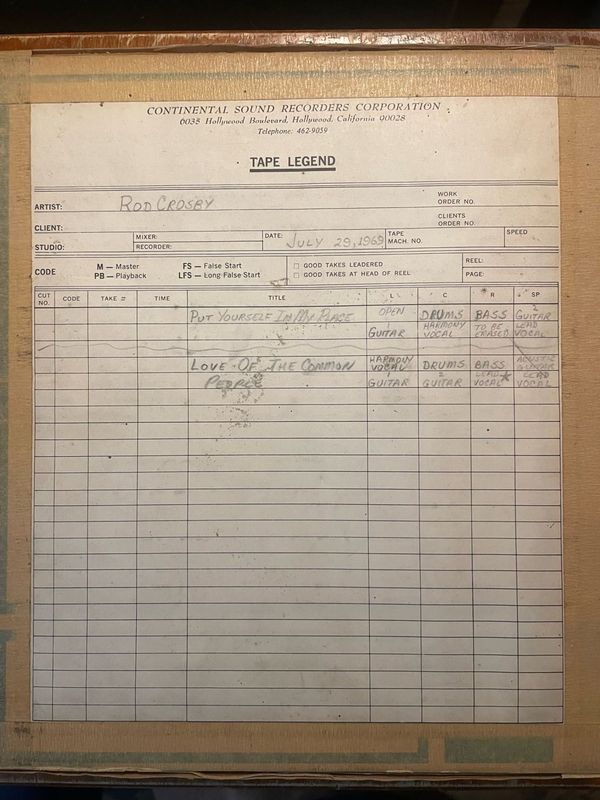 Continental Sound Recorders tape legend from 1969 — the studio that became Boulevard Recording at 6035 Hollywood Blvd
