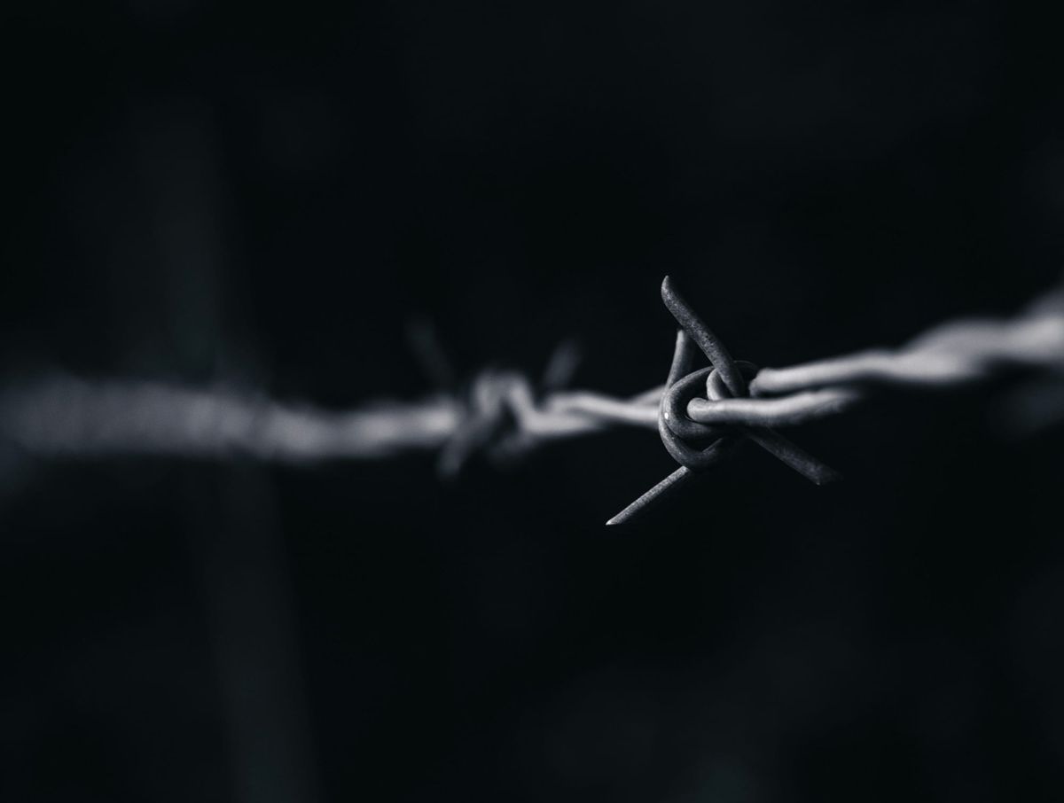 Close-up black-and-white image of barbed wire, with one sharp barb in focus against a dark, blurred background.