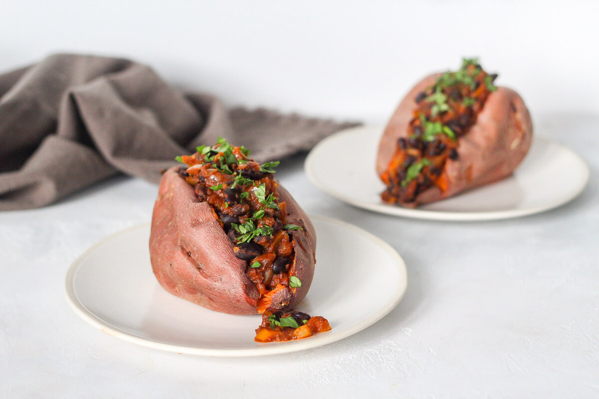 20 Low-Fat Oil-Free Meals Your Clients Will Love: Black Bean Chili Stuffed Sweet Potatoes