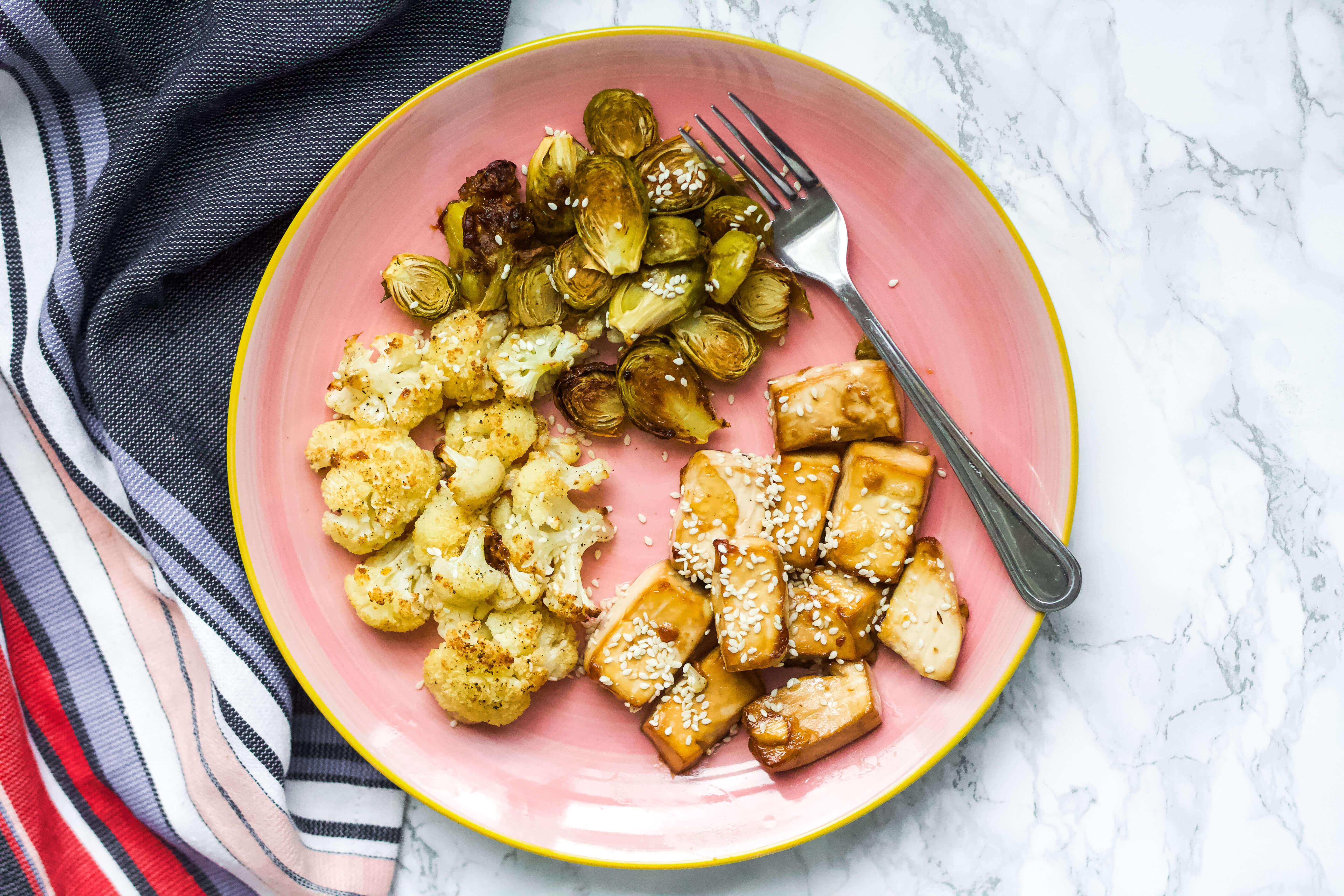 20 High Protein, Plant-Based Meals Your Clients Will Love: One Pan Tofu, Brussels Sprouts & Cauliflower