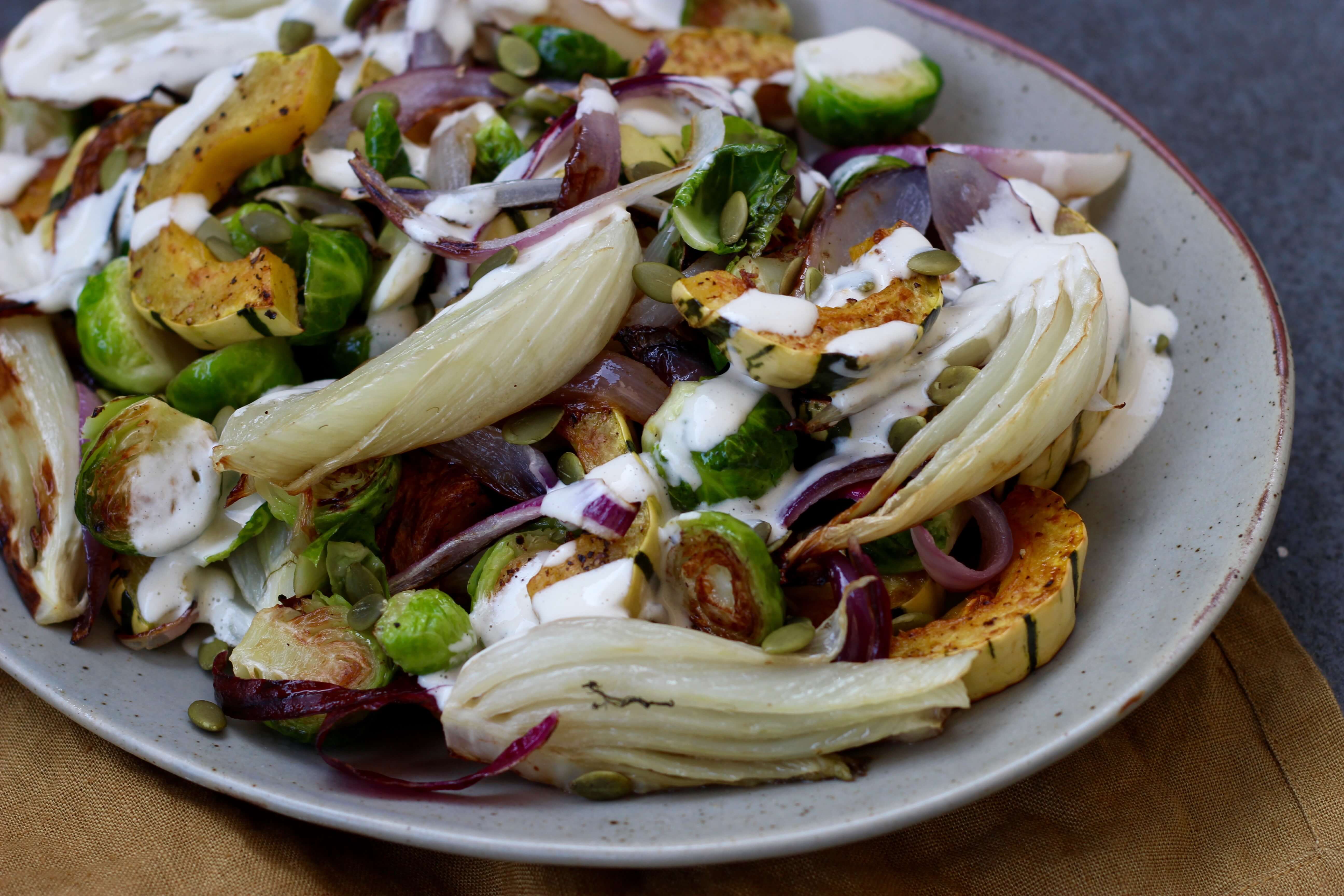 20 Healthy Fall & Thanksgiving Meal Ideas Your Clients Will Love: Roasted Winter Vegetables with Tahini Drizzle