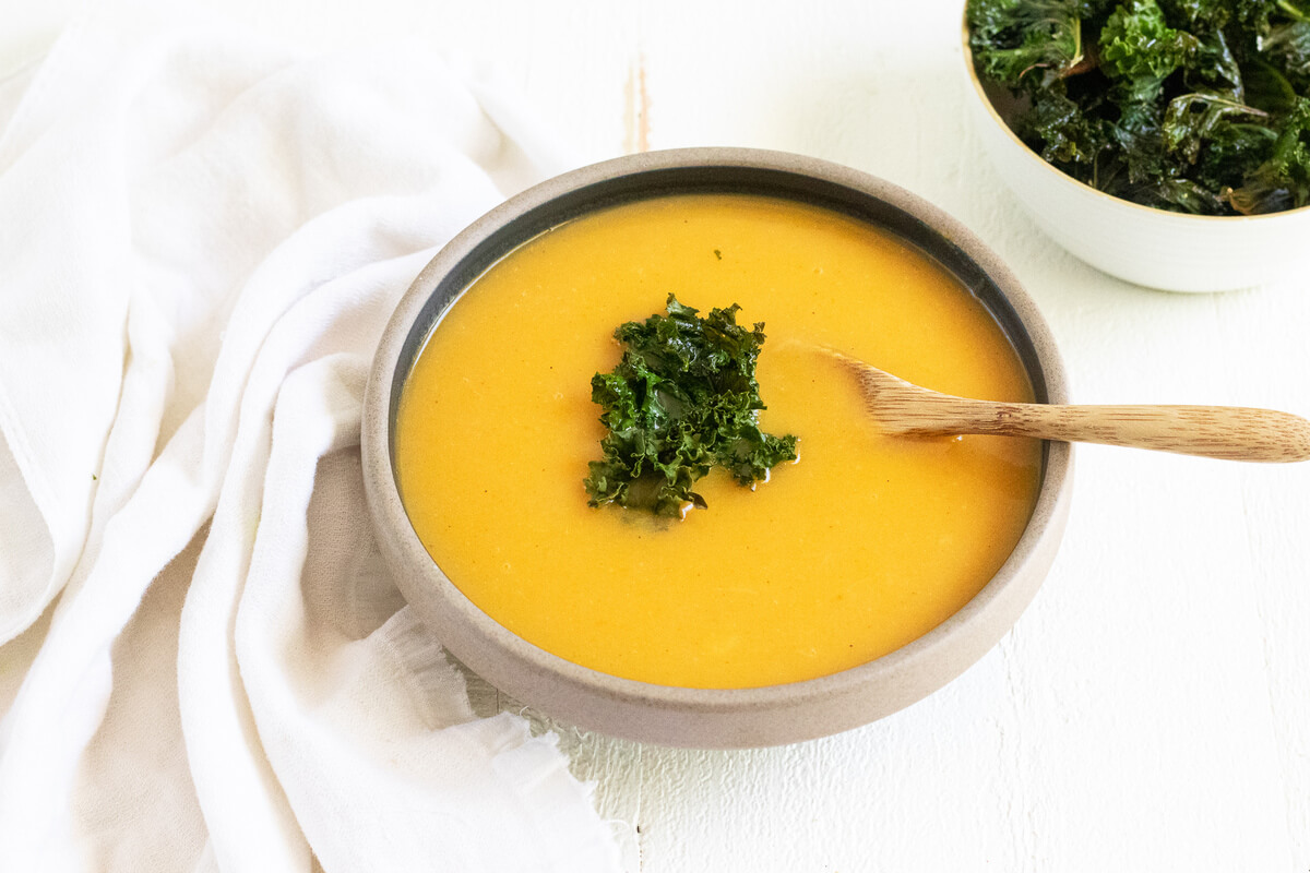 20 Healthy Fall & Thanksgiving Meal Ideas Your Clients Will Love: Roasted Butternut Squash Soup with Kale Chips