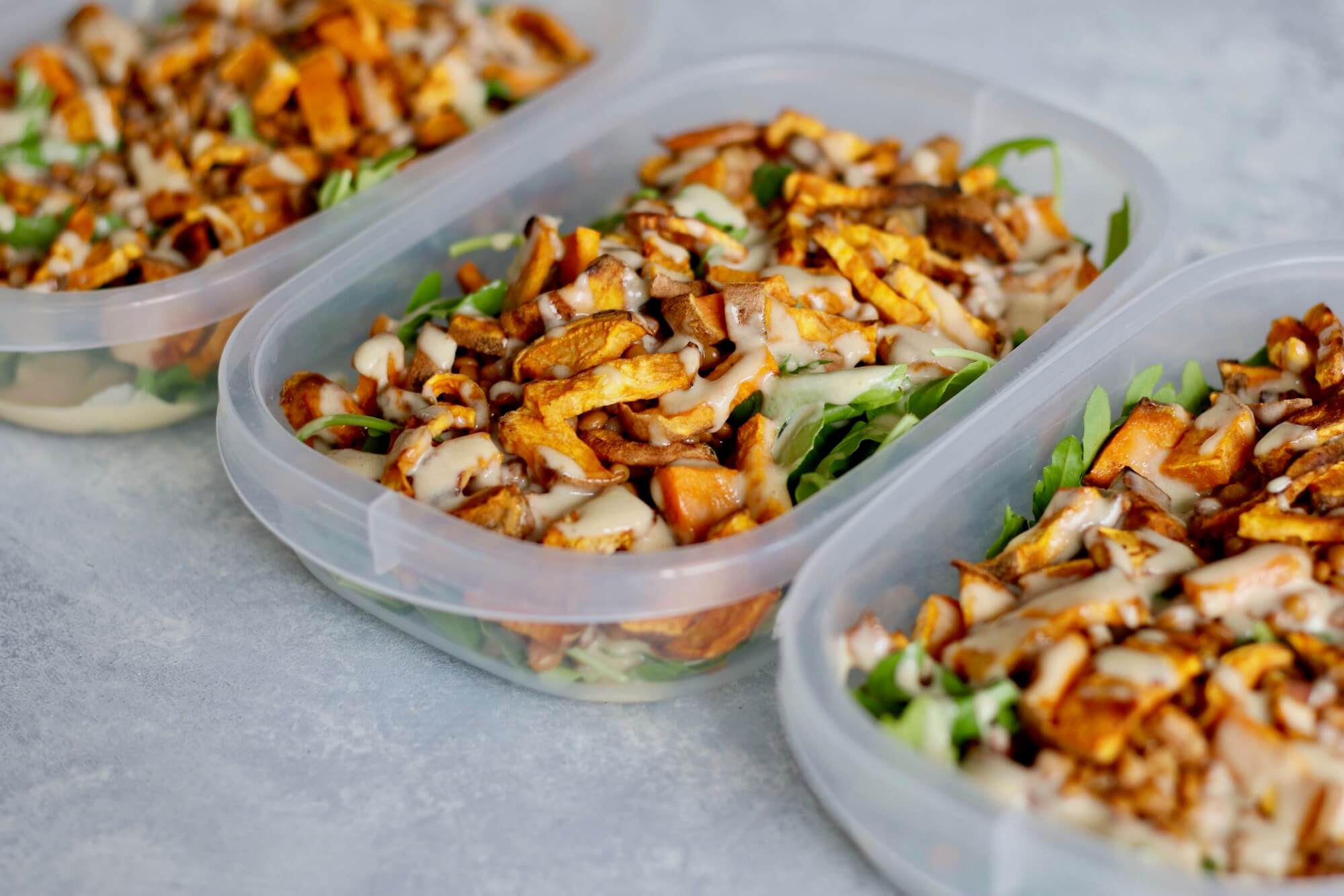 Healthy $4 Dinners to Add to Your Client's Meal Plan: Lentil, Sweet Potato & Arugula Salad